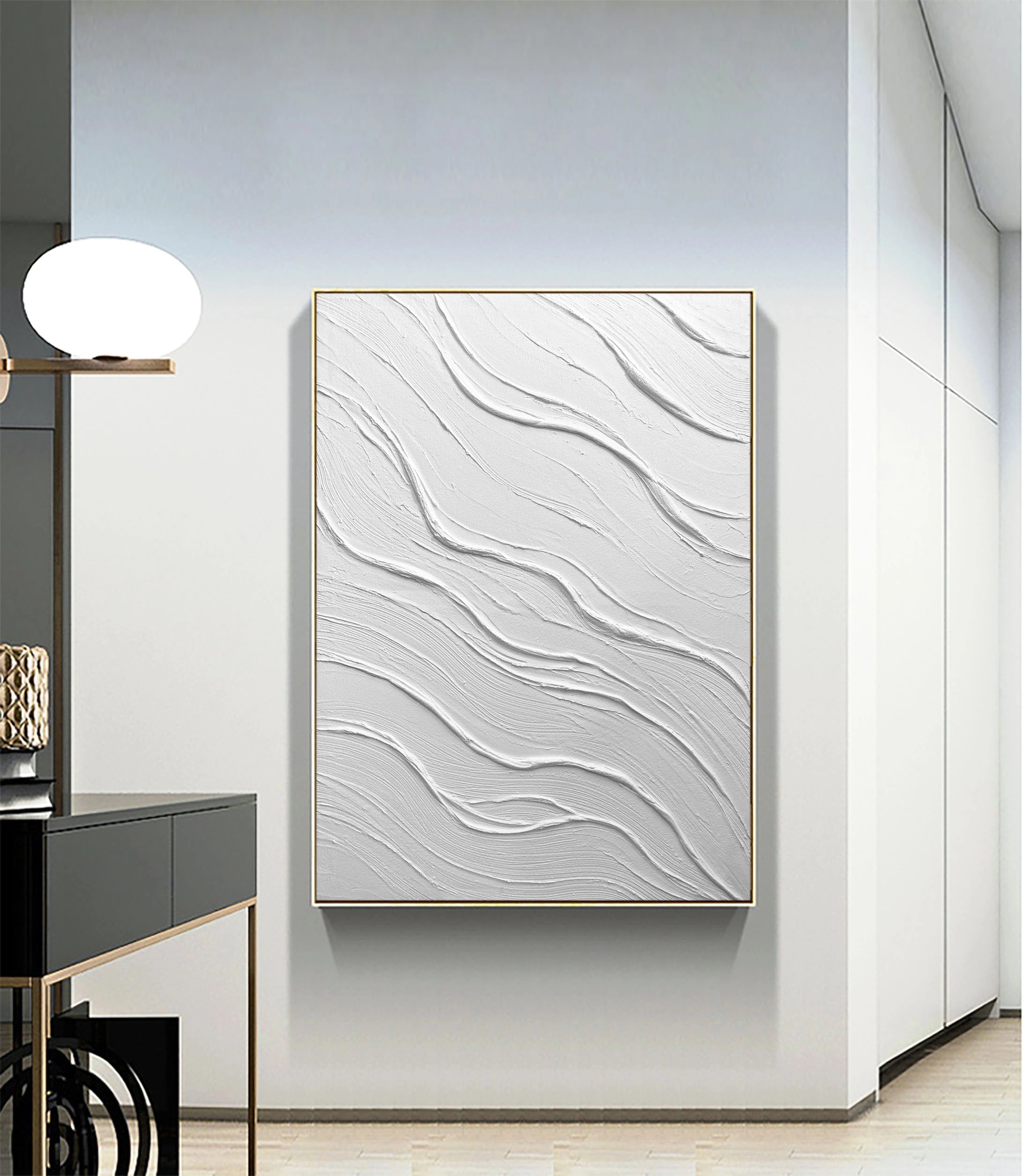 Large Size White Textured Wave Plaster Art Painting Wall Artwork for Room Deco