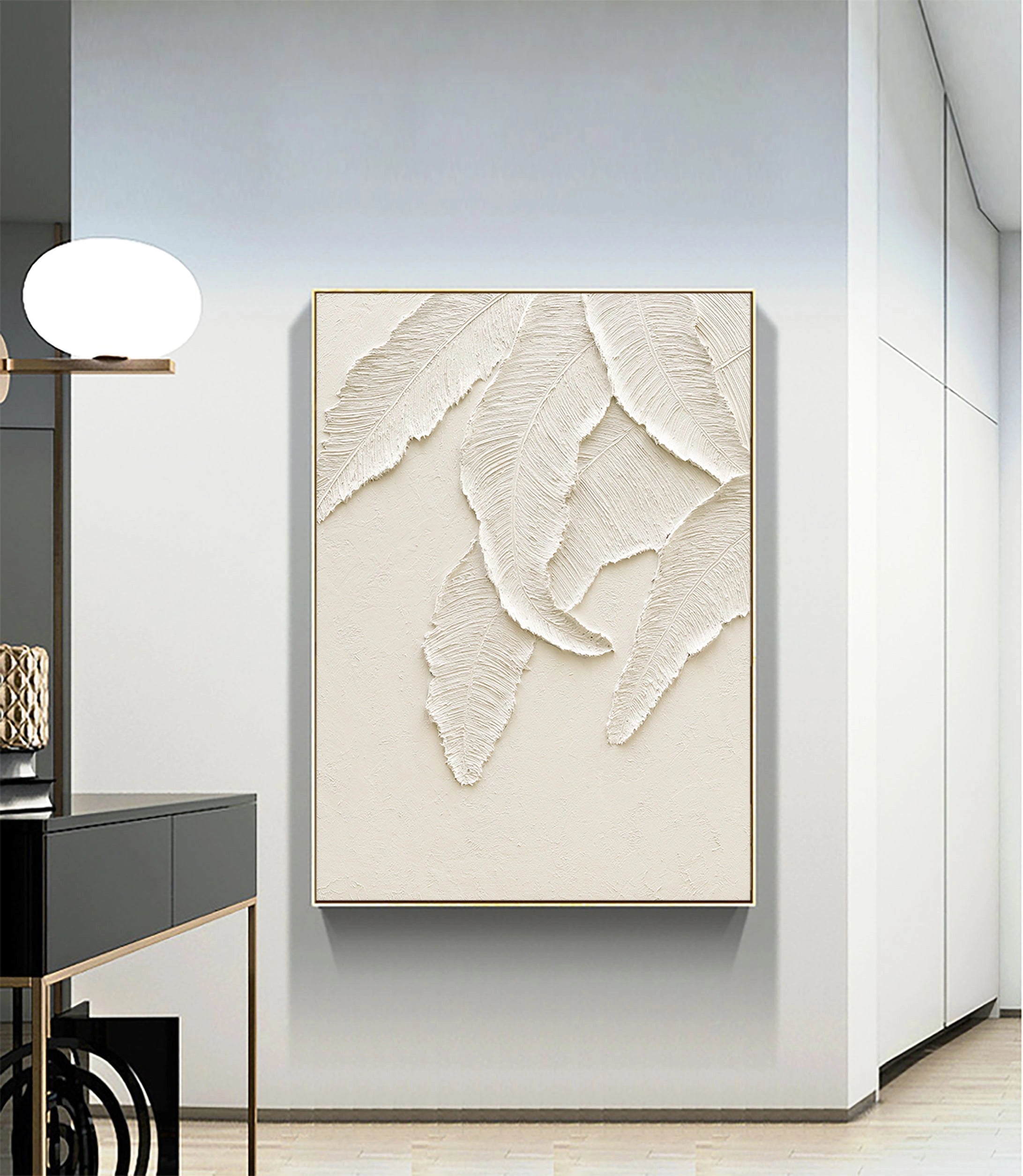 3D Textured Leaves Minimalistic Plaster Art Painting for Bedroom/Living Room