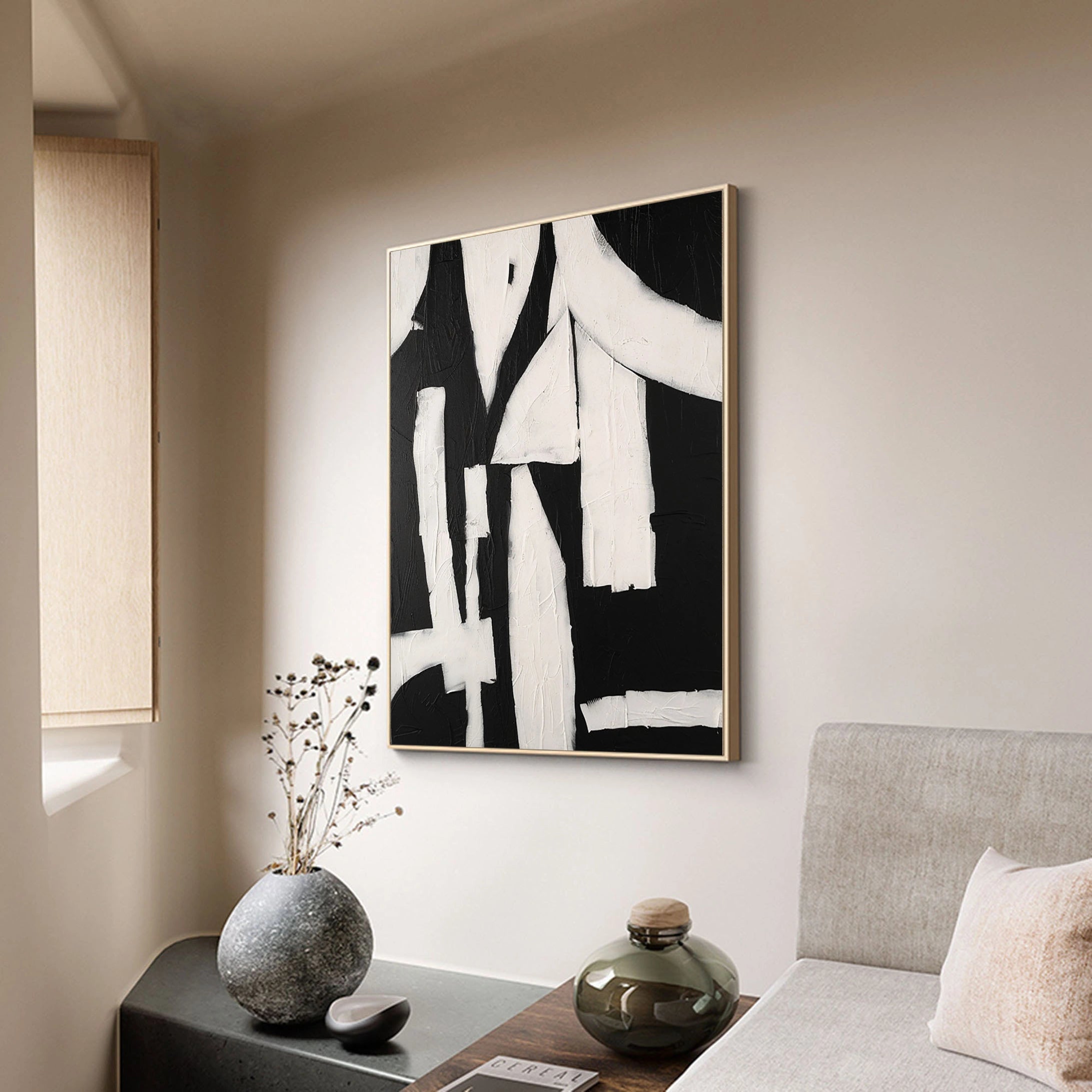 Eleanos Gallery Textured Wabi Sabi Abstract Painting Black Beige for Living Room/Bedroom