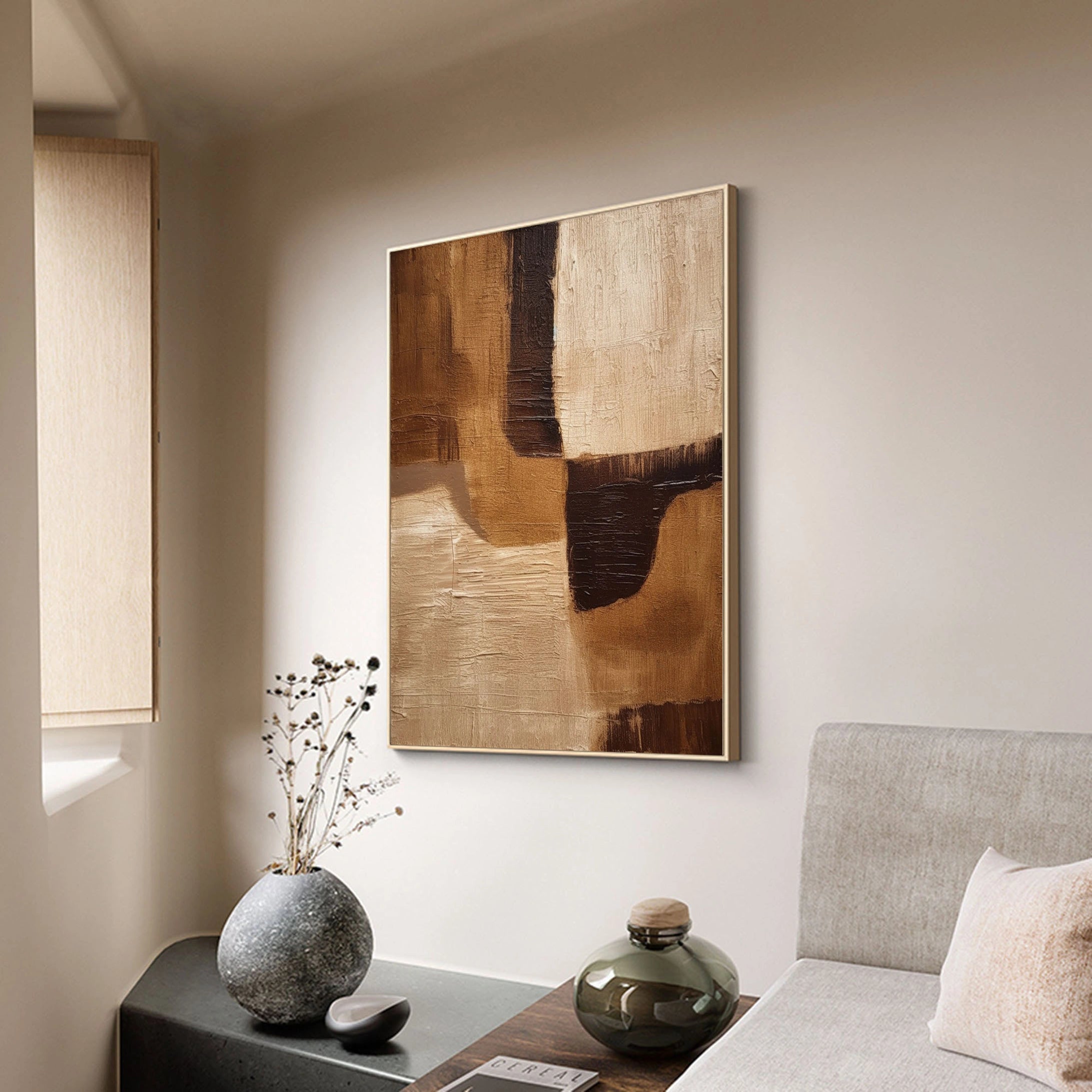 Brown and Beige Geometric Wabi Sabi Oversized Painting Abstract Wall Decor