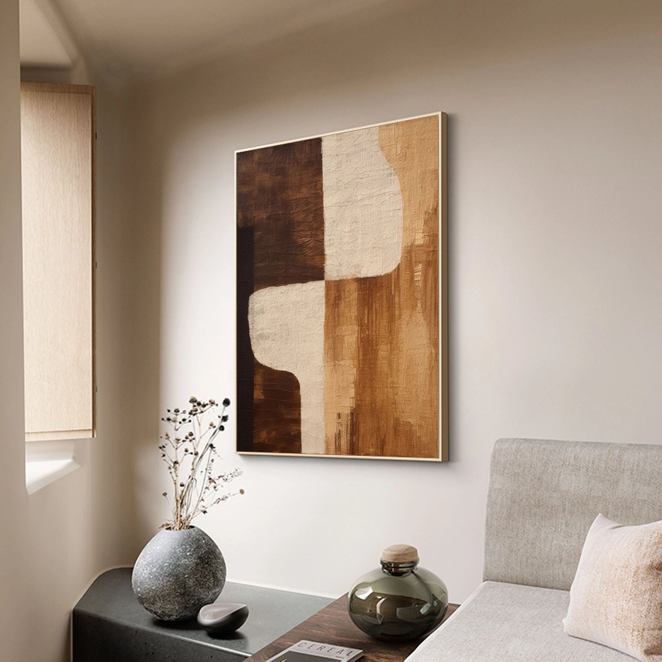 Handcrafted Geometric Wabi Sabi Abstract Tan & Brown Painting for Room