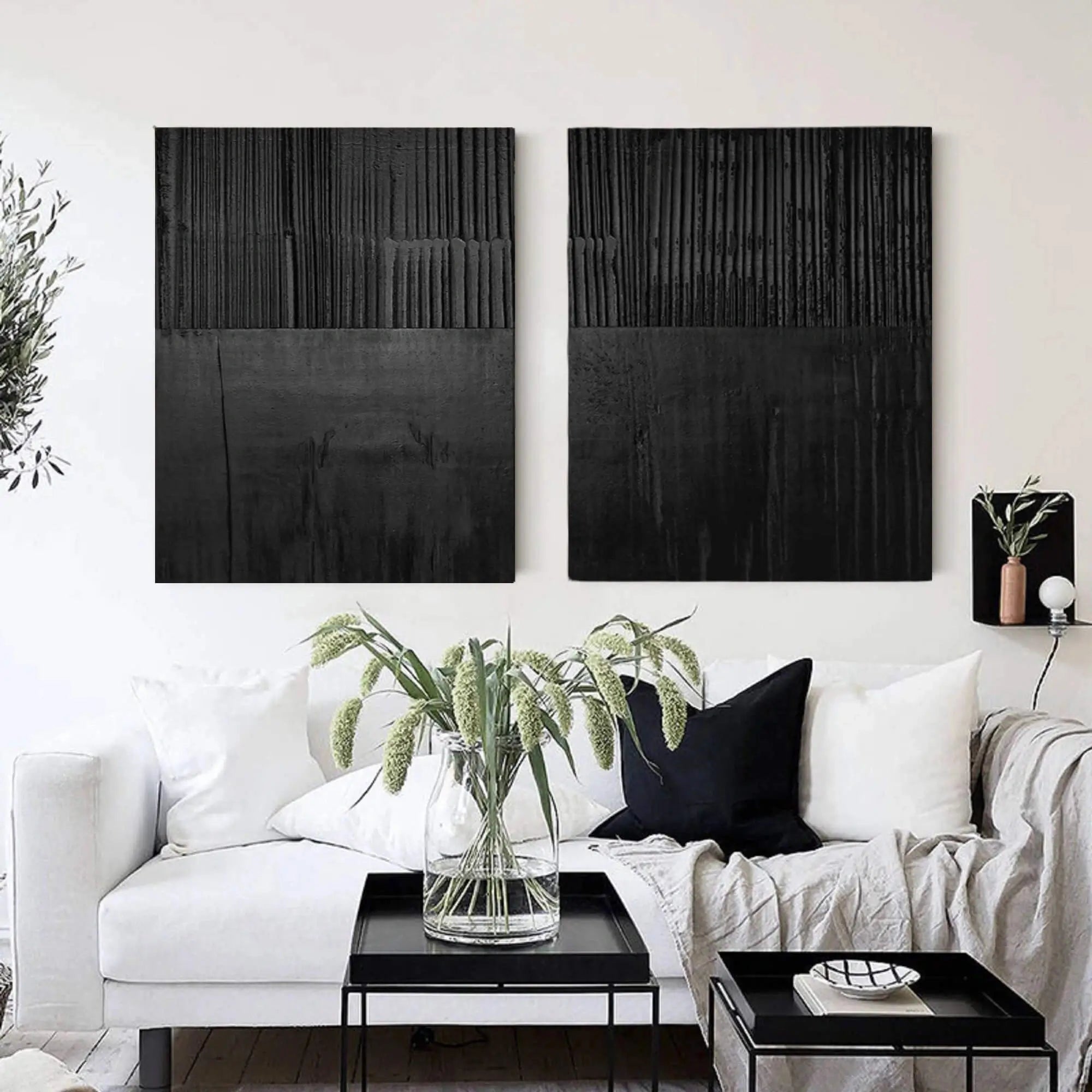 Set of 2 Minimalist Black Textured Original Painting Wall Decor