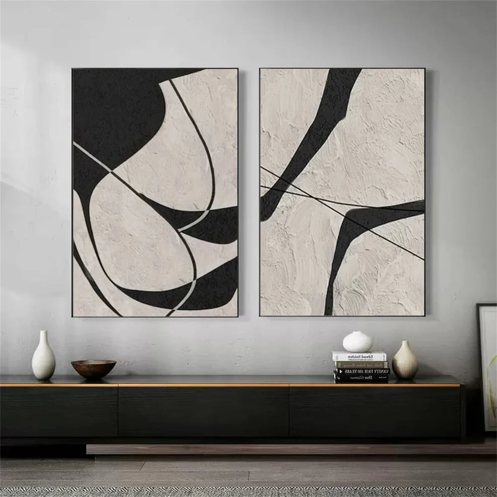 Beige & Black Abstract Textured Painting Set of 2 #WS325