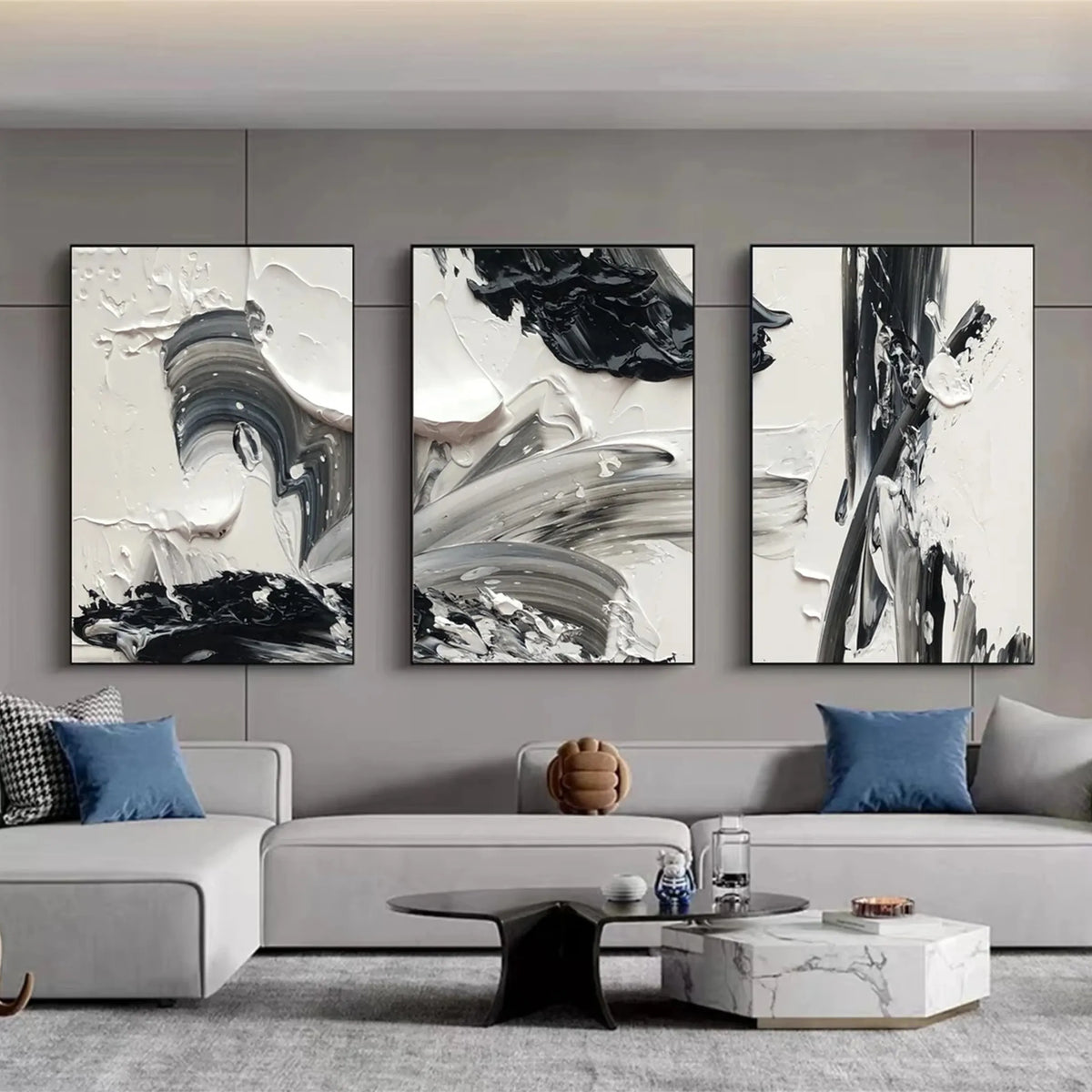 Set of 3 Total Black 3D Textured Minimalist Painting on Canvas #MZ082