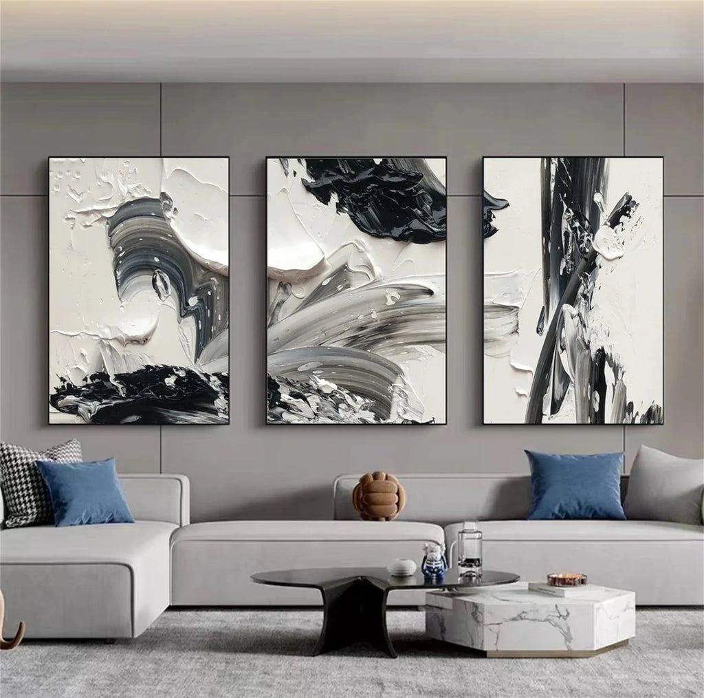 Set of 3 Total Black 3D Textured Minimalist Painting on Canvas #MZ082