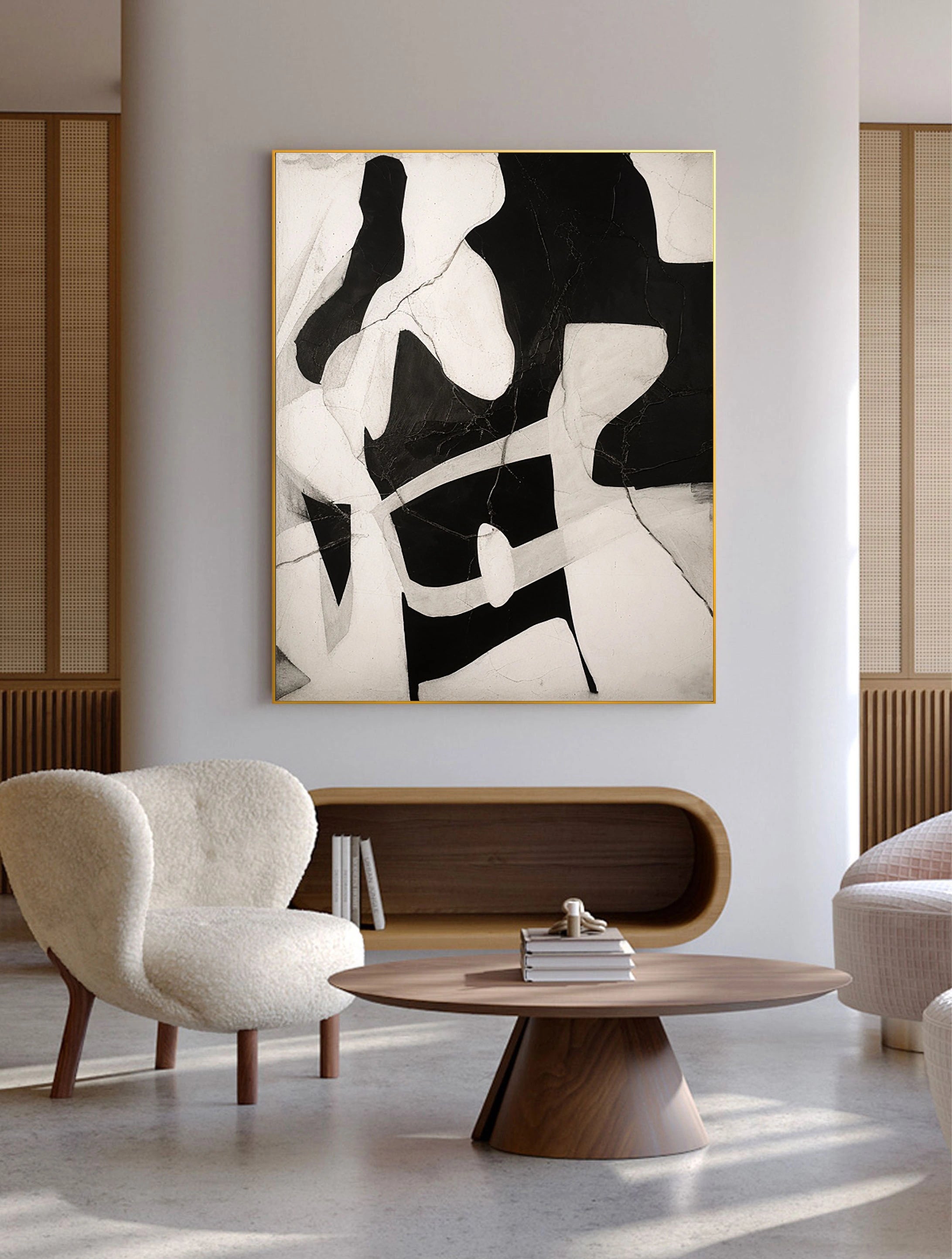 Large Abstract Wabi Sabi Painting Black Beige Wall Artwork on Canvas