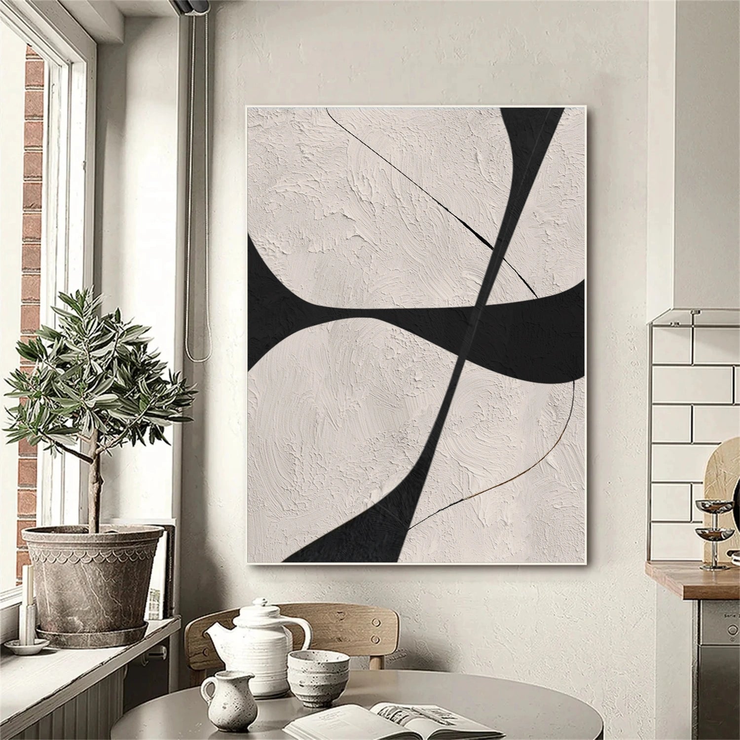Beige & Black Abstract Textured Canvas Art #WS782
