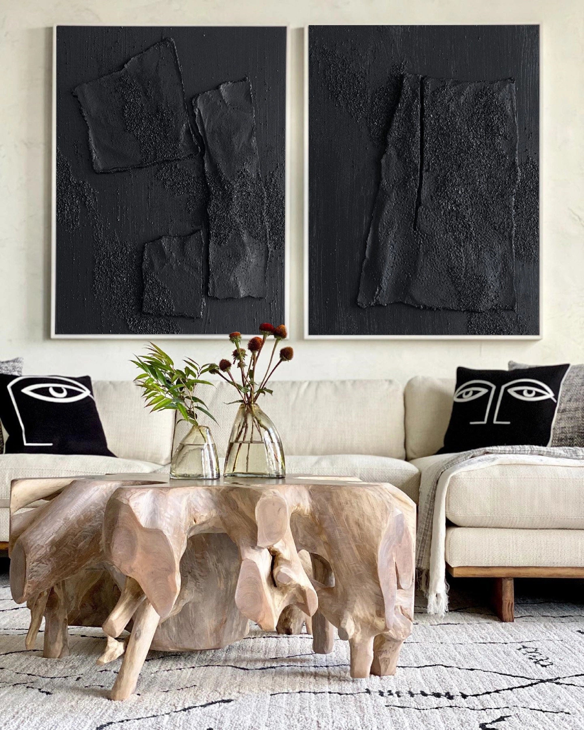 Set of 2 Total Black 3D Textured Minimalist Painting on Canvas