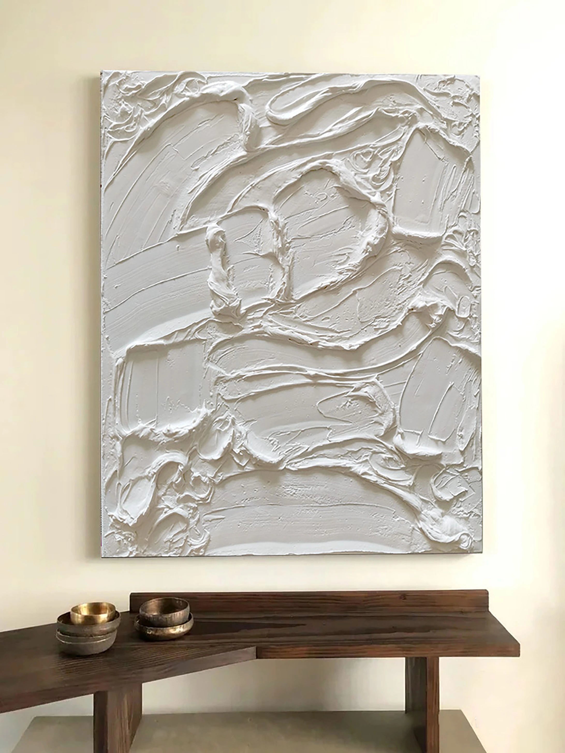 White Textured Plaster Painting Minimalist Handcrafted Wall Decor