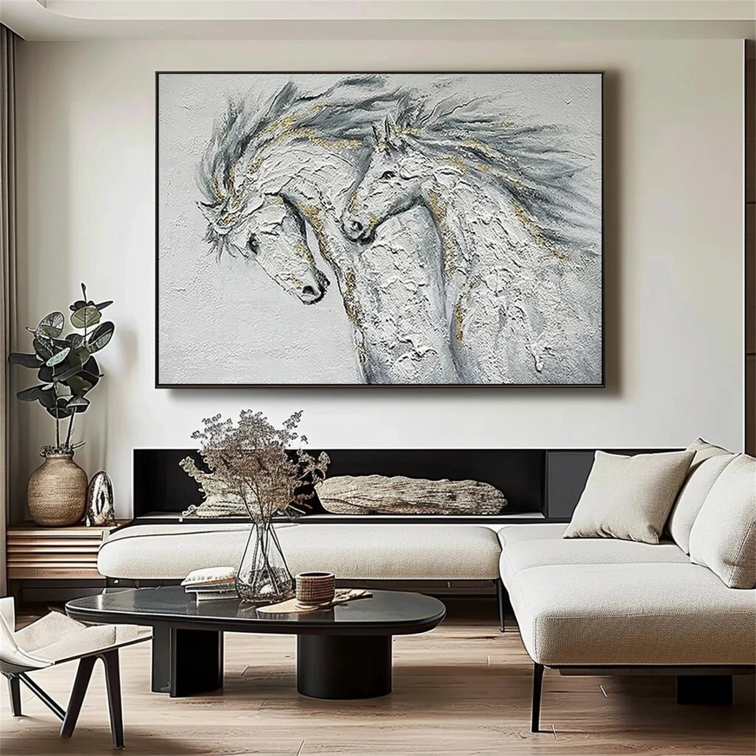 White and Black Horse Abstract Animal Wall Art #AL047