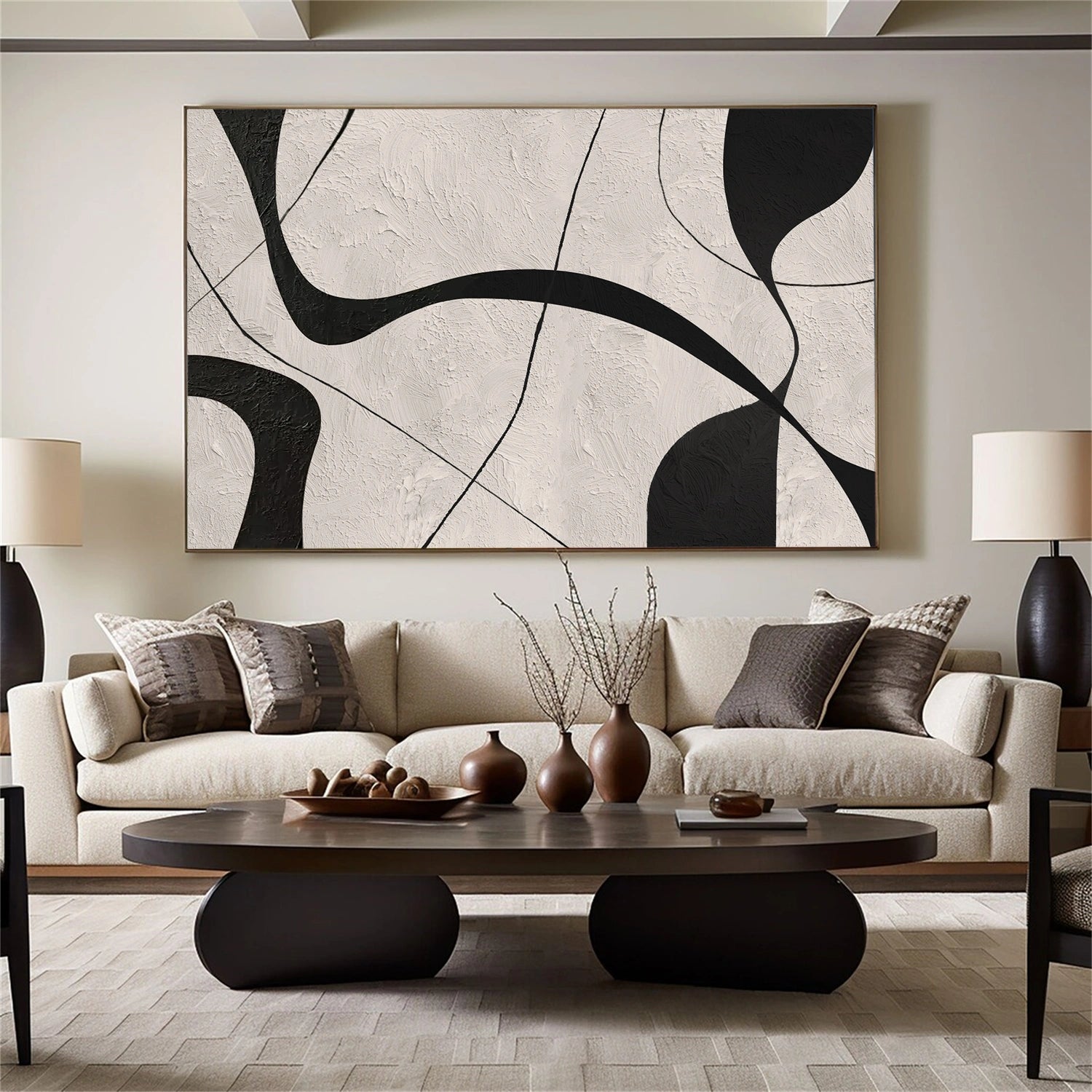 Beige & Black Abstract Textured Canvas Art #WS785