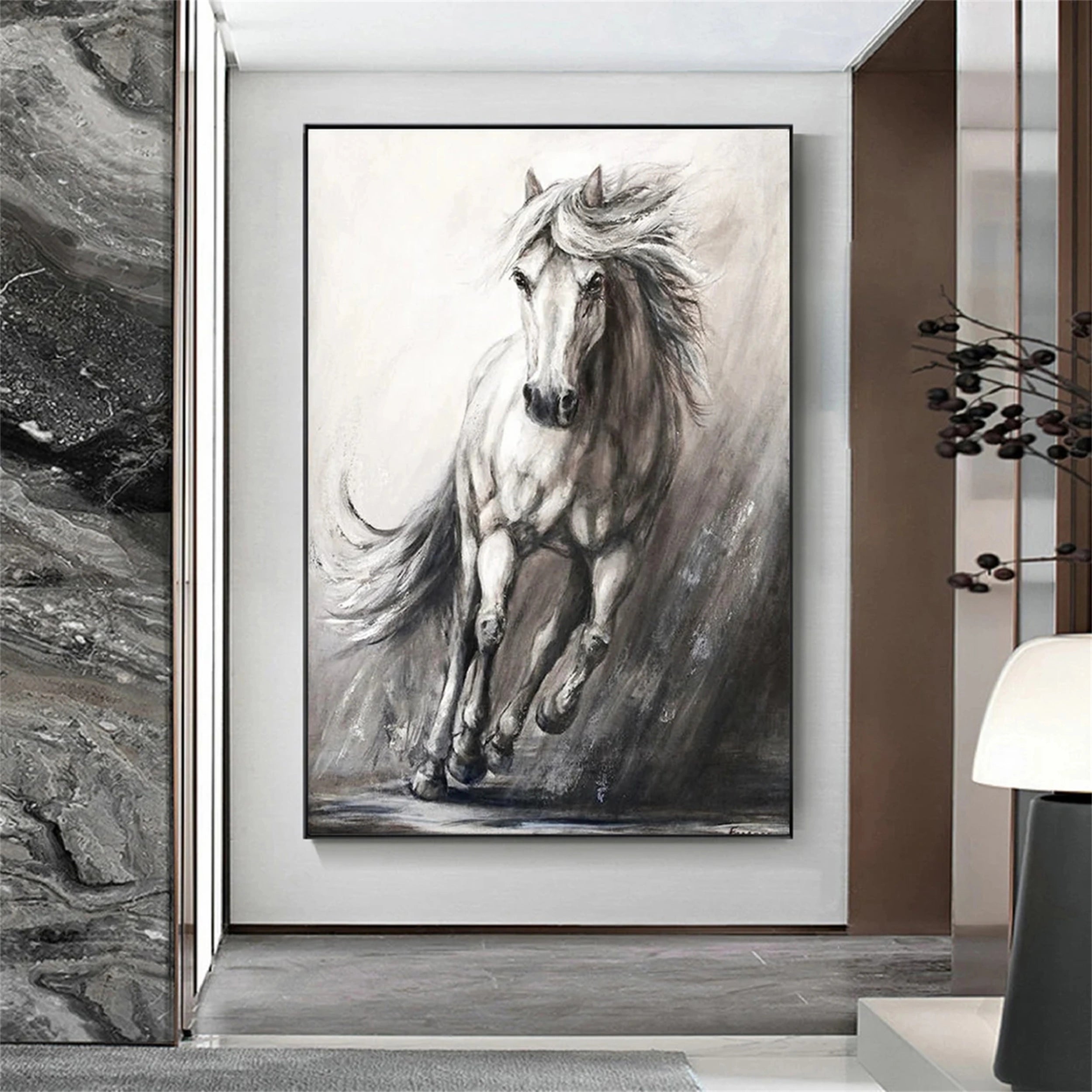 White And Black Horse Abstract Animal Wall Art #AL048