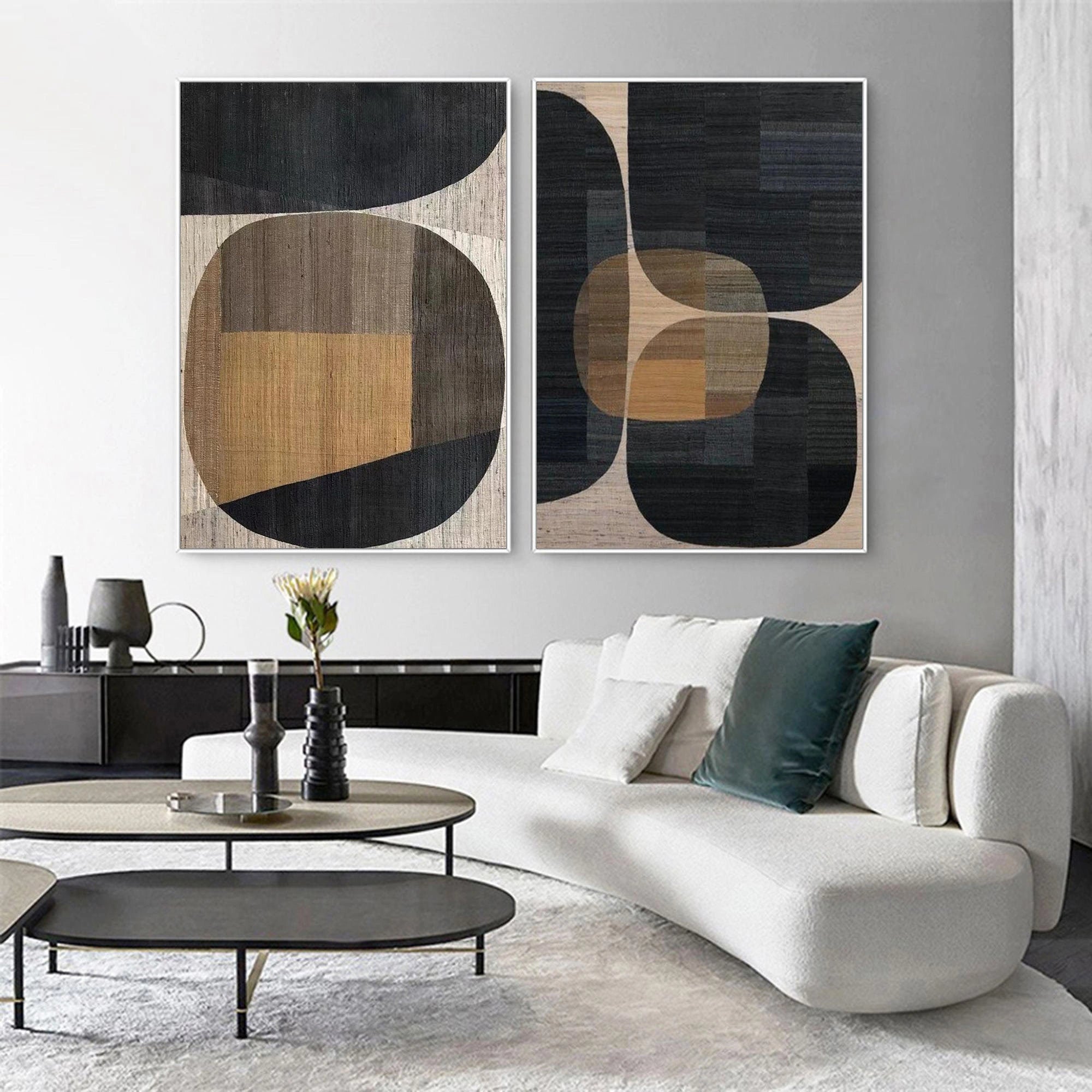 Geometric Wabi Sabi Abstract Wall Decor Painting Black Brown Artwork Set of 2