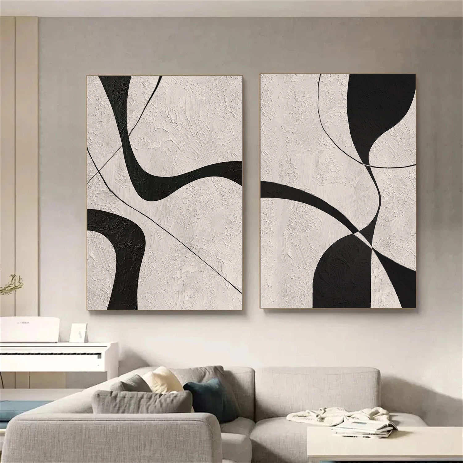 Beige & Black Abstract Textured Canvas Art Set of 2 #WS780
