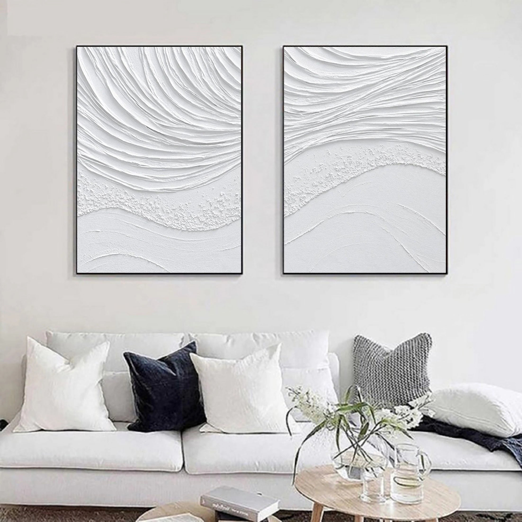 White Sea Waves Textured Plaster Art Painting On Canvas, Modern Minimalist Wall Art