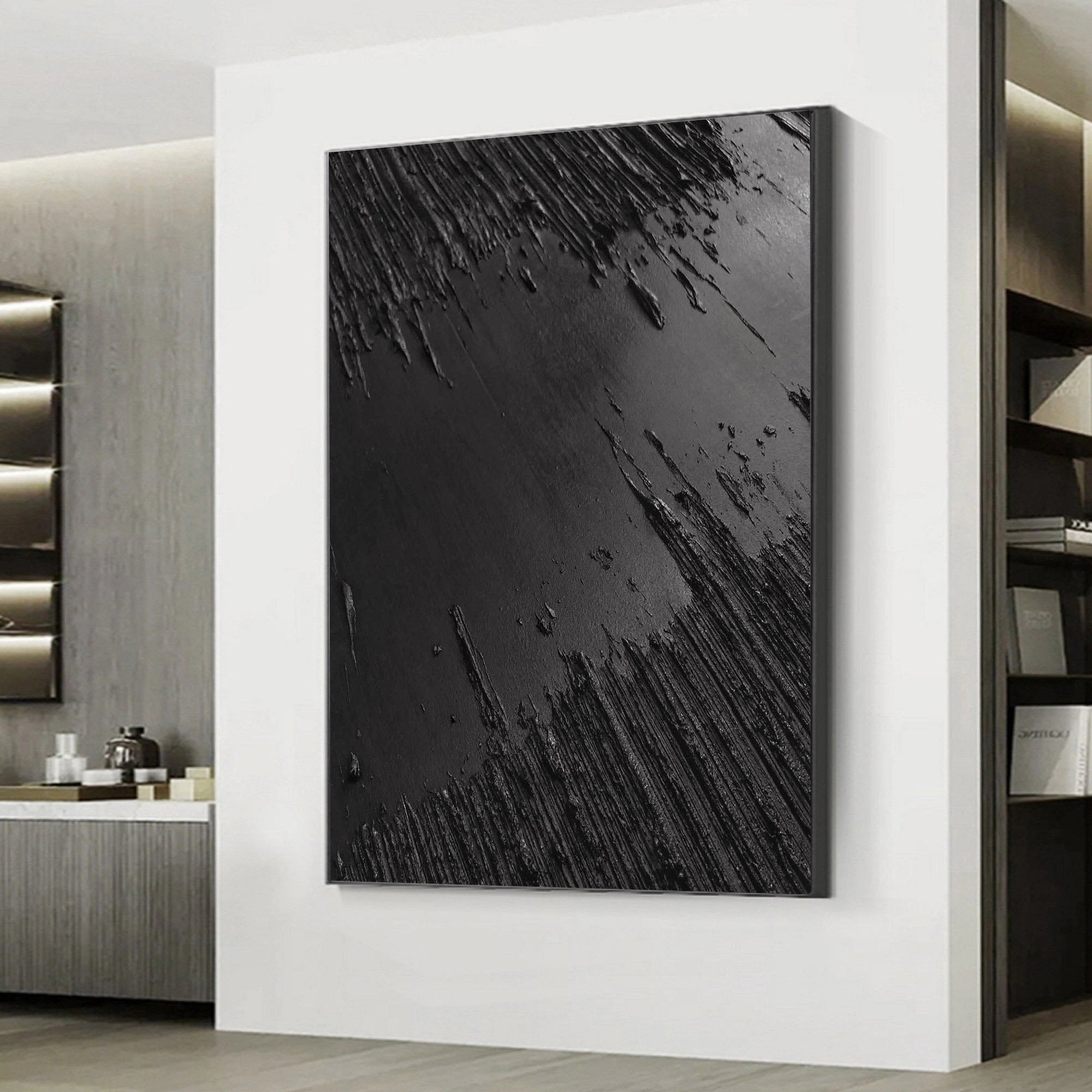 3D Textured Minimalist River Painting Total Black Canvas Wall Decor