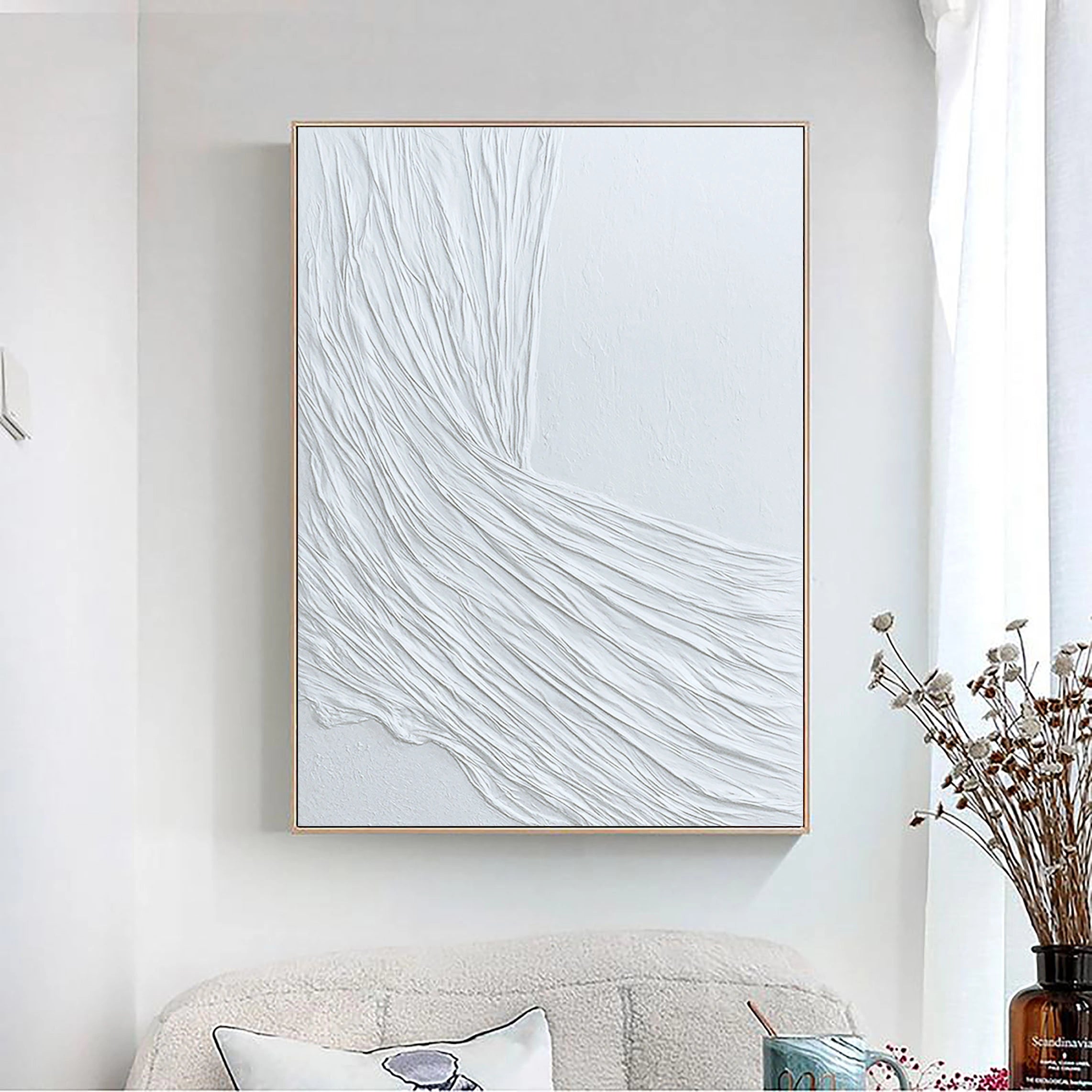 3D Textured White Minimalistic Plaster Painting on Canvas Original