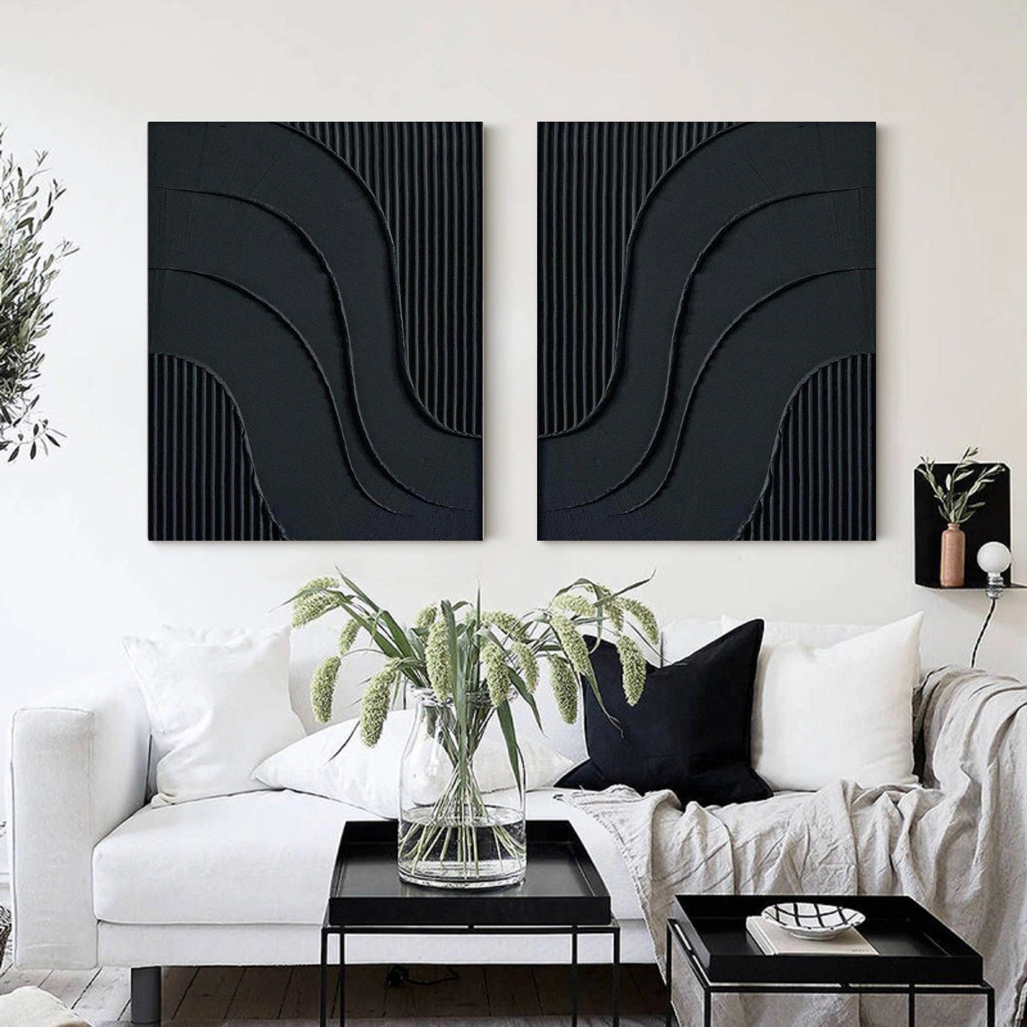 Set of 2 Black Minimalist Textured Original Painting, Large Modern Abstract Wall Decor
