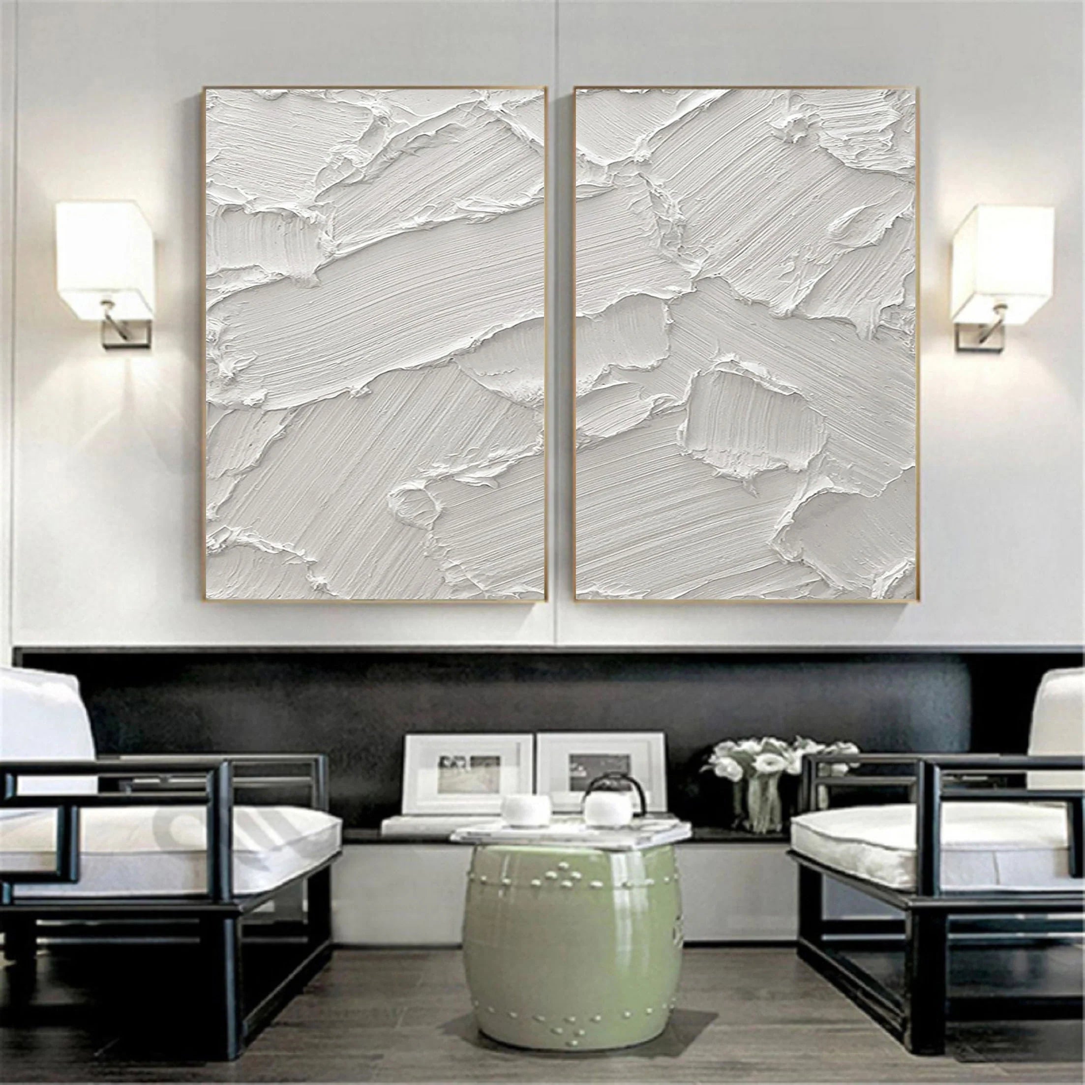 Set of 2 White Plaster Art Original Textured Painting for Room Decor