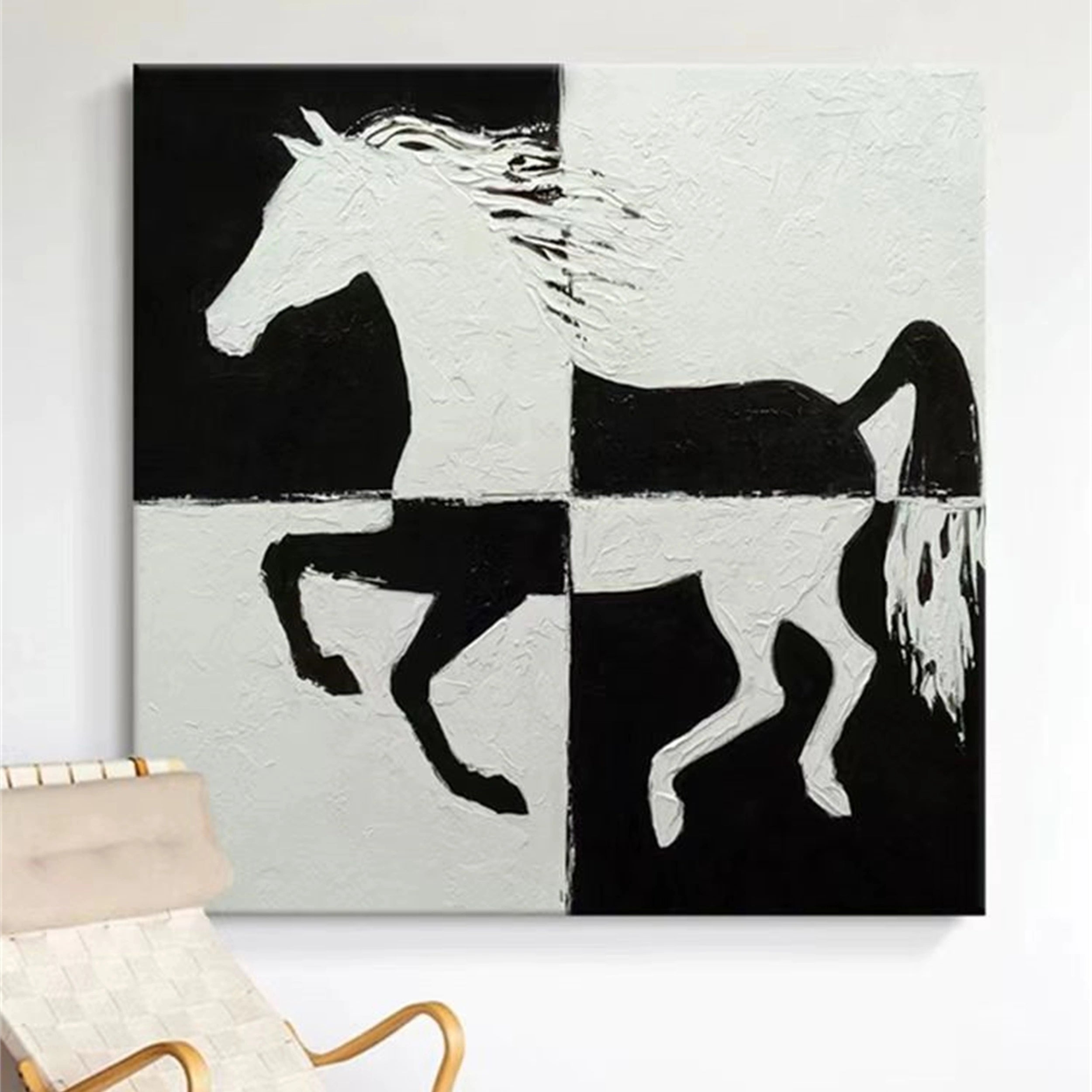 White And Black Horse Abstract Animal Wall Art #AL031