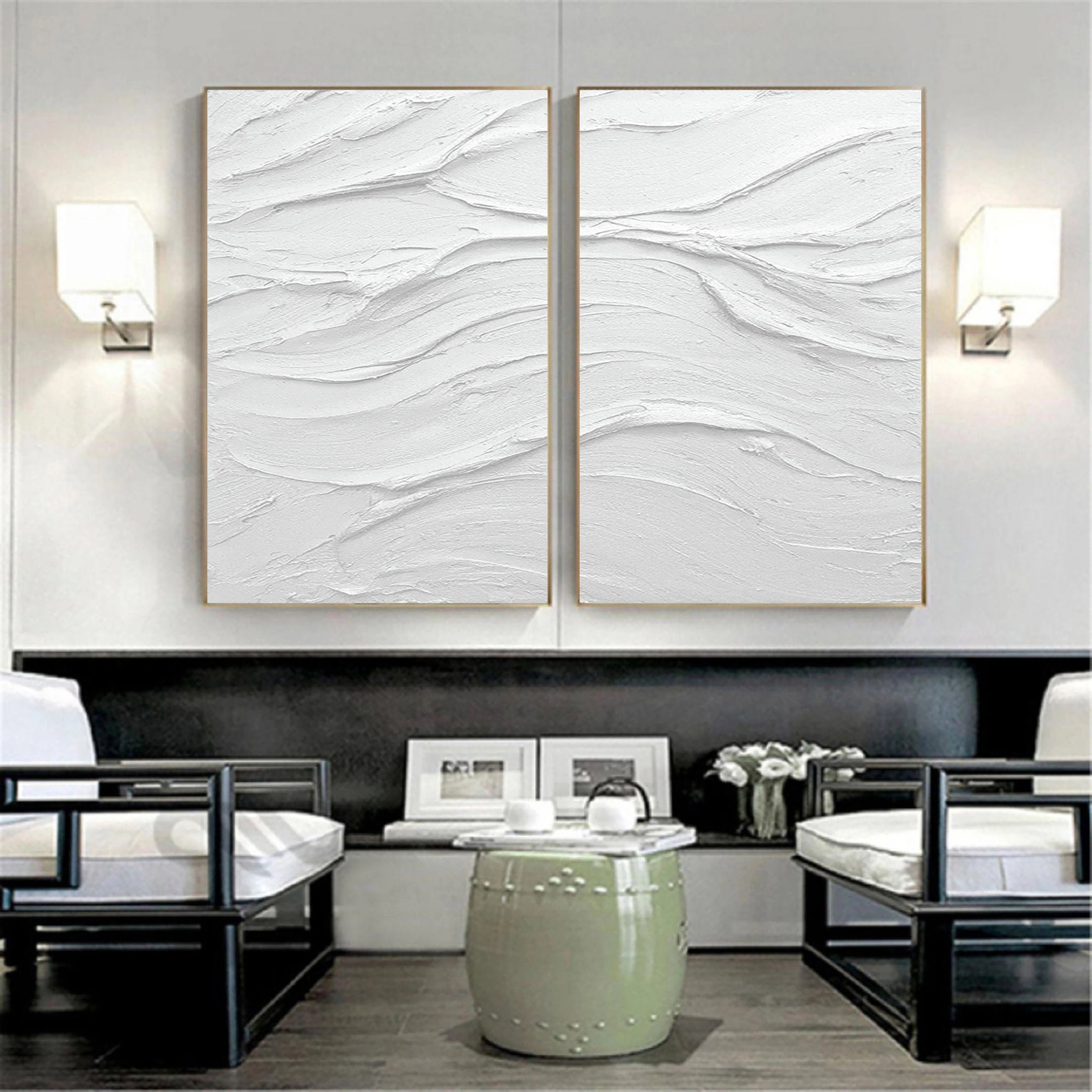 Set of 2 White Plaster Art Textured Painting Original Minimalistic