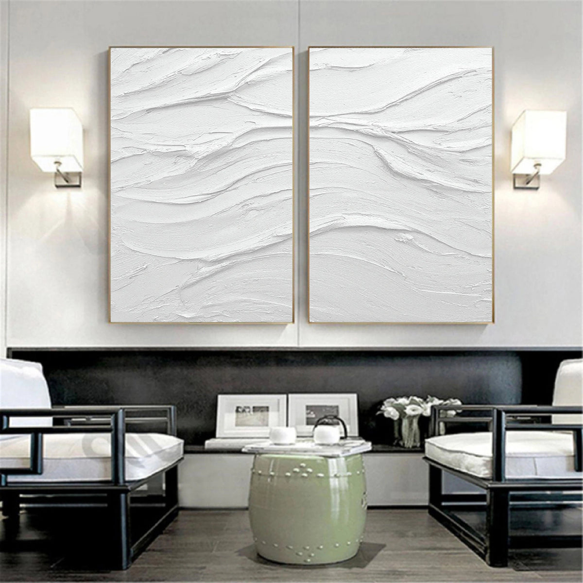 Set of 2 White Plaster Art Textured Painting Original Minimalistic