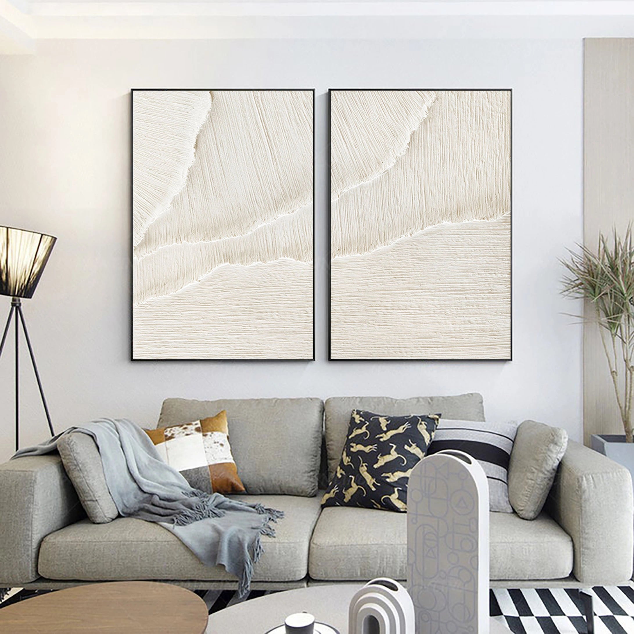 Set of 2 Minimalistic White Plaster Large Painting for Home Decor