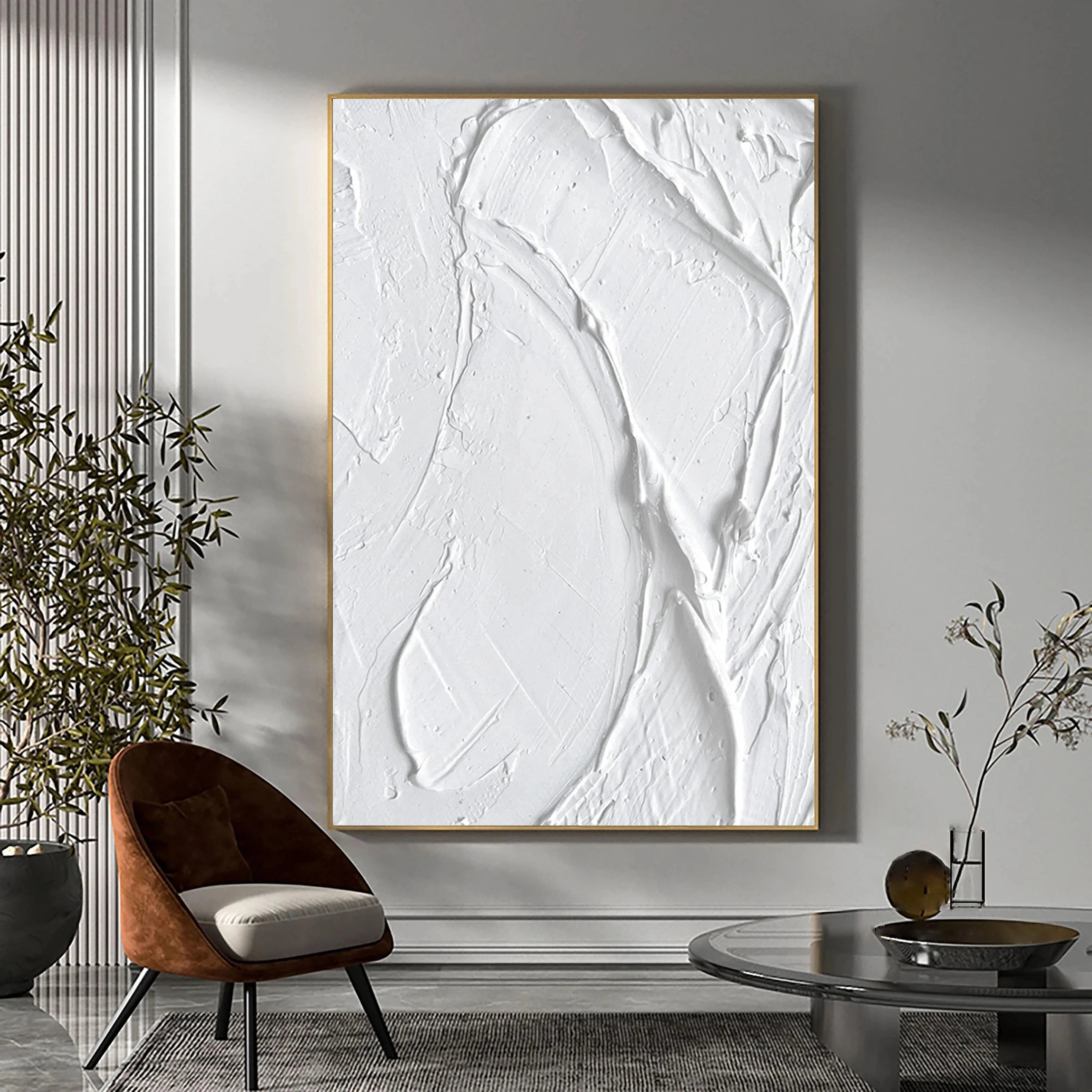 White 3D Textured Plaster Art Painting on Canvas Minimalist Room Decor
