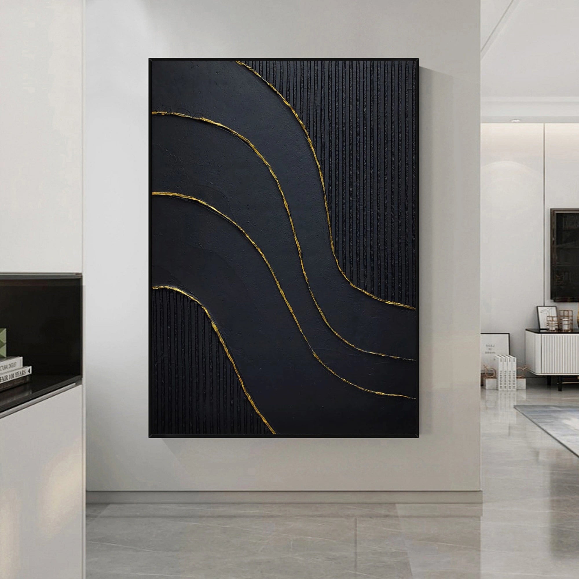 Large 3D Textured Abstract Minimalist Wall Art Black Modernism Painting Gold Foil Handcrafted Artwork Home Decor