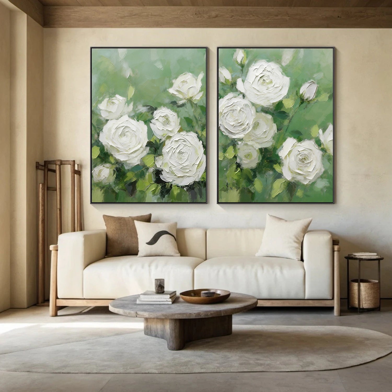 White and Green Flower & Tree Abstract Textured Wall Art Set of 2 #ML216