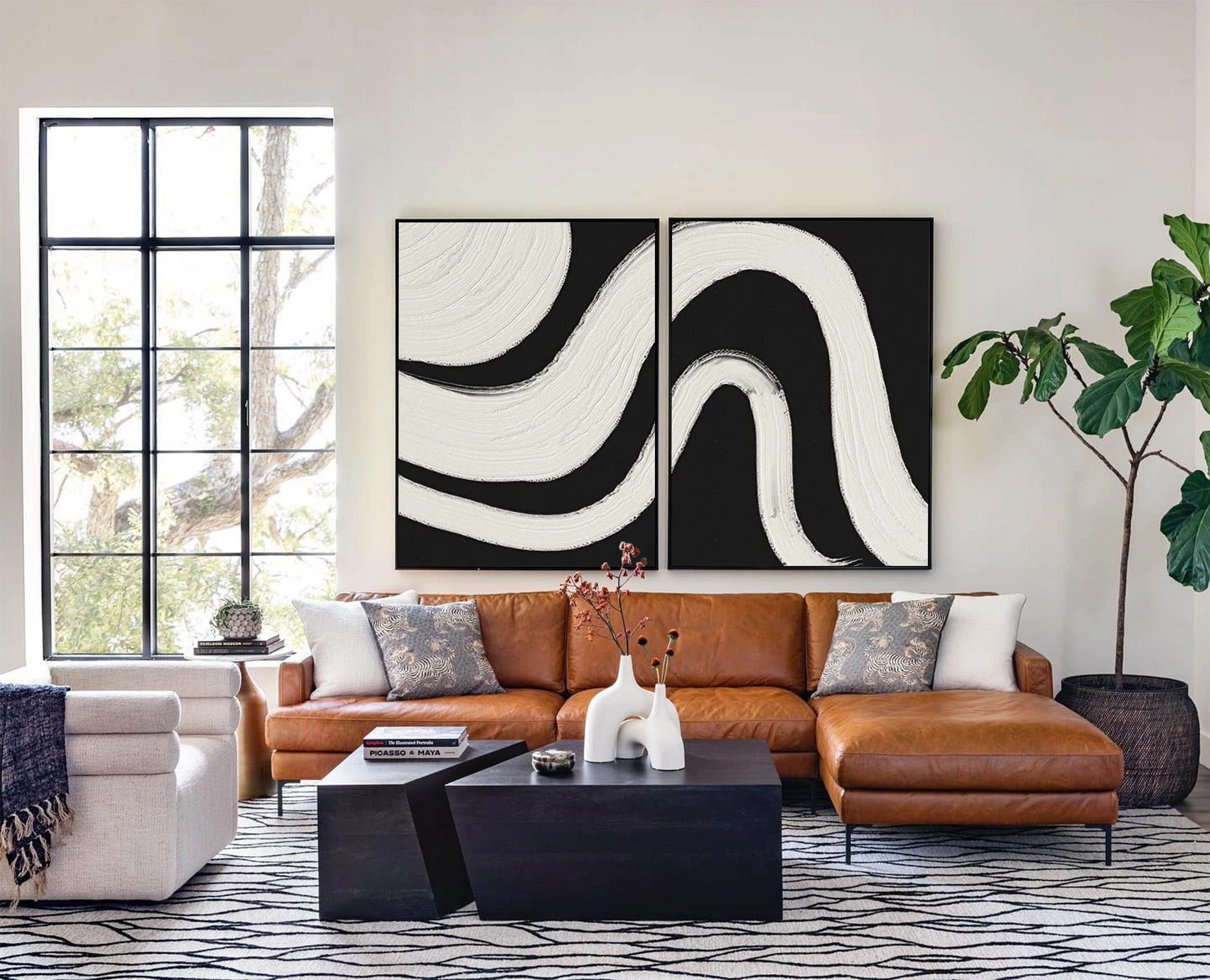 Geometrical Curved Wabi Sabi Abstract Painting Black White Artwork Set of 2