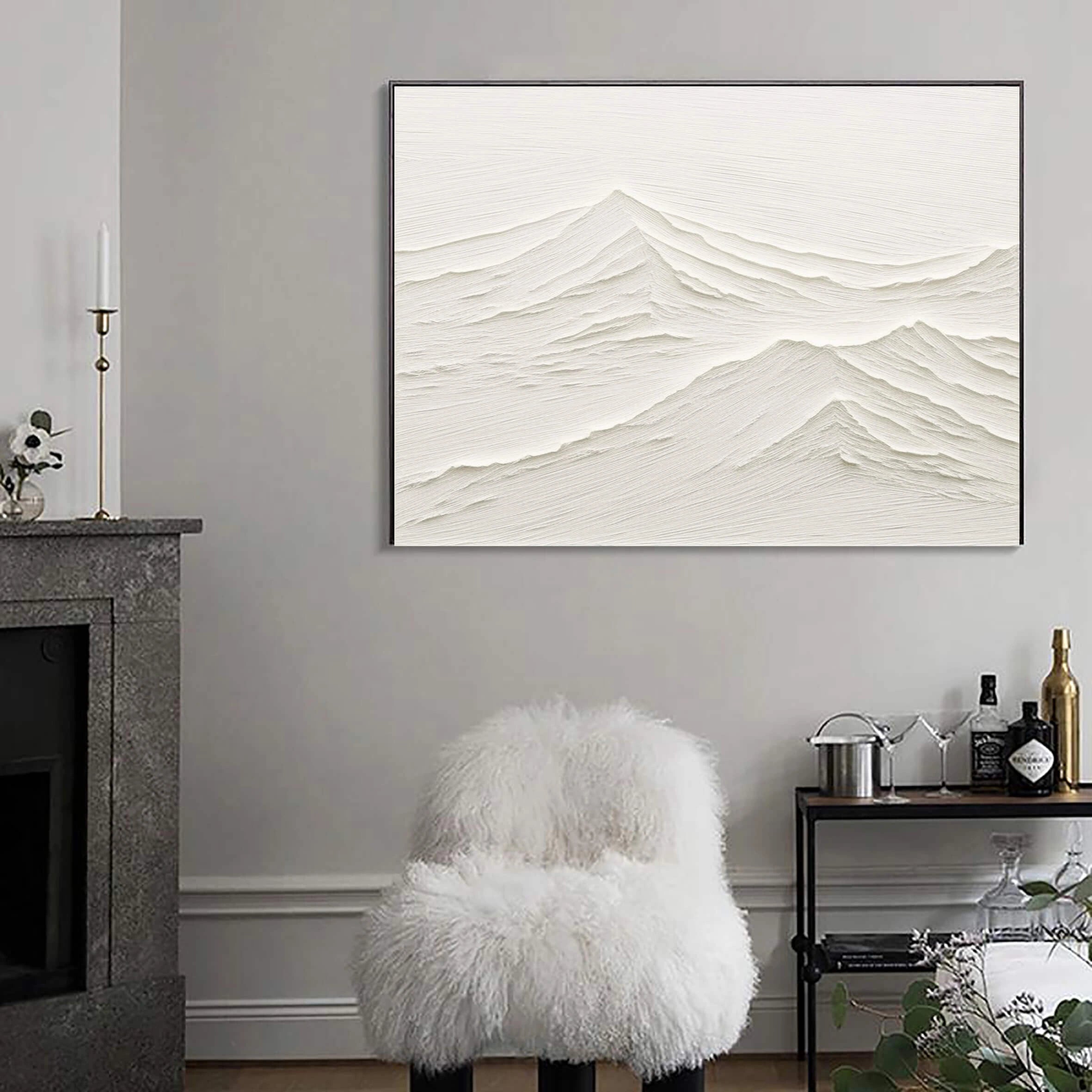 Hand-Painted Landscape Beige Plaster Art Framed Canvas Painting, Abstract Minimalist for Living Room