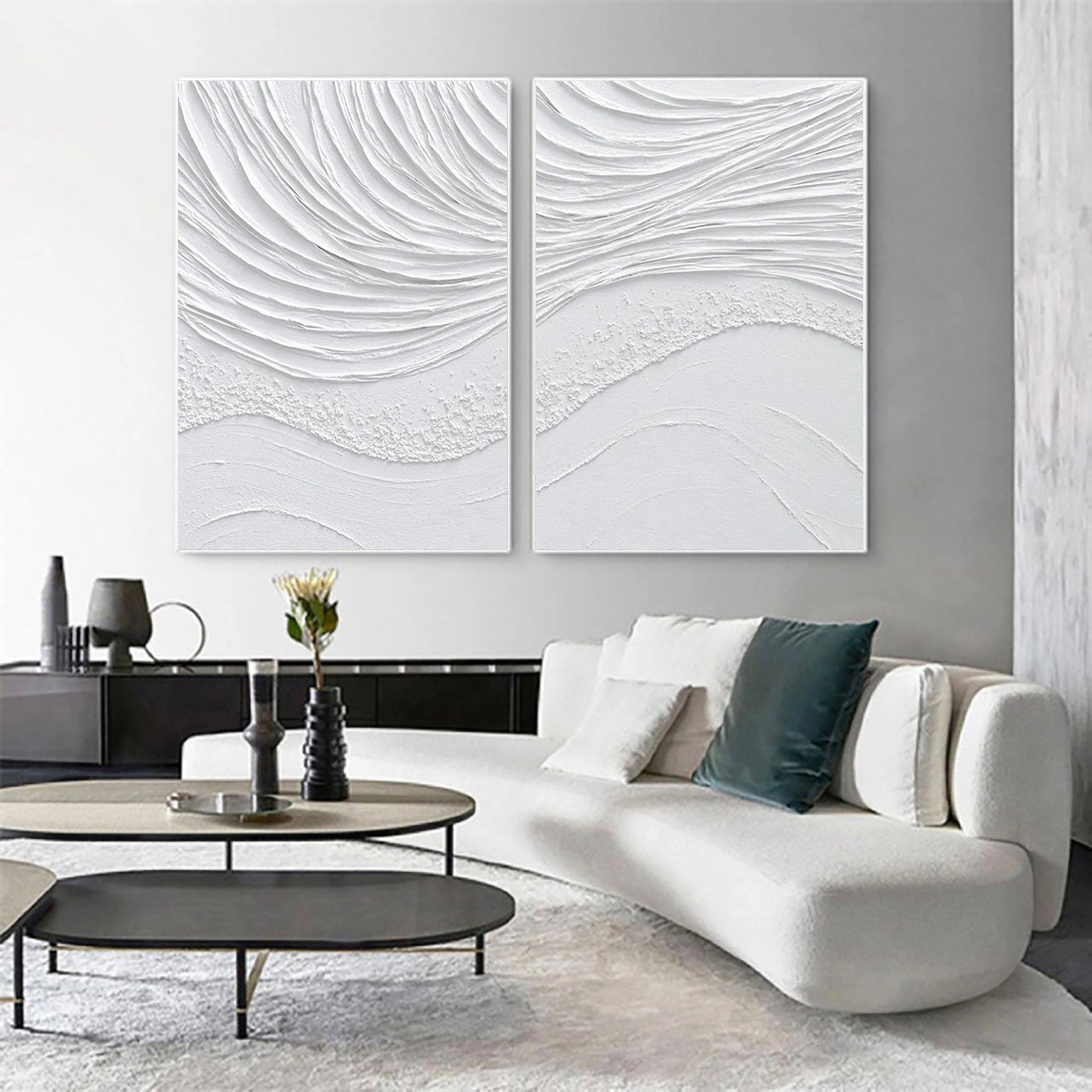 White Sea Waves Textured Plaster Art Painting On Canvas, Modern Minimalist Wall Art