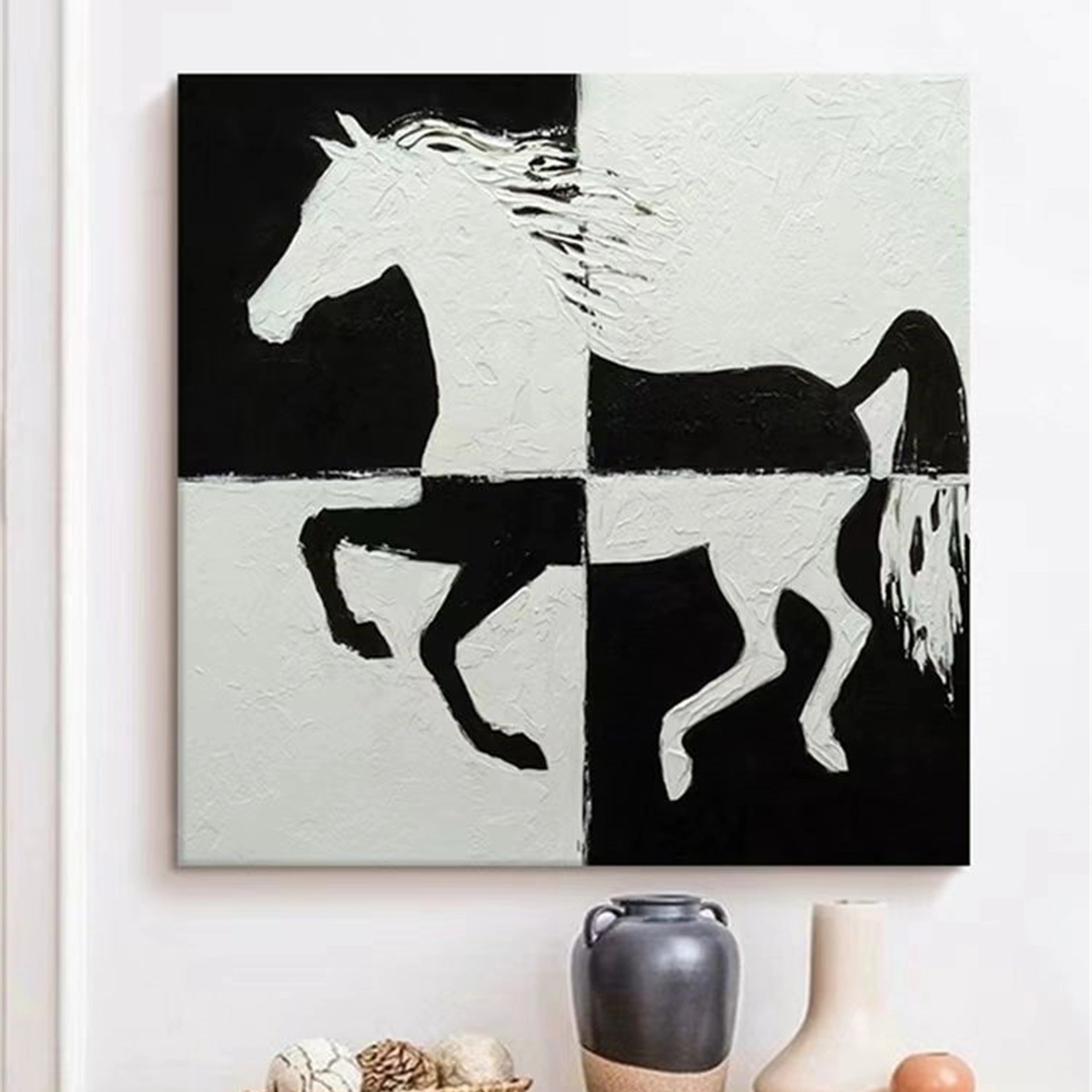 White And Black Horse Abstract Animal Wall Art #AL031