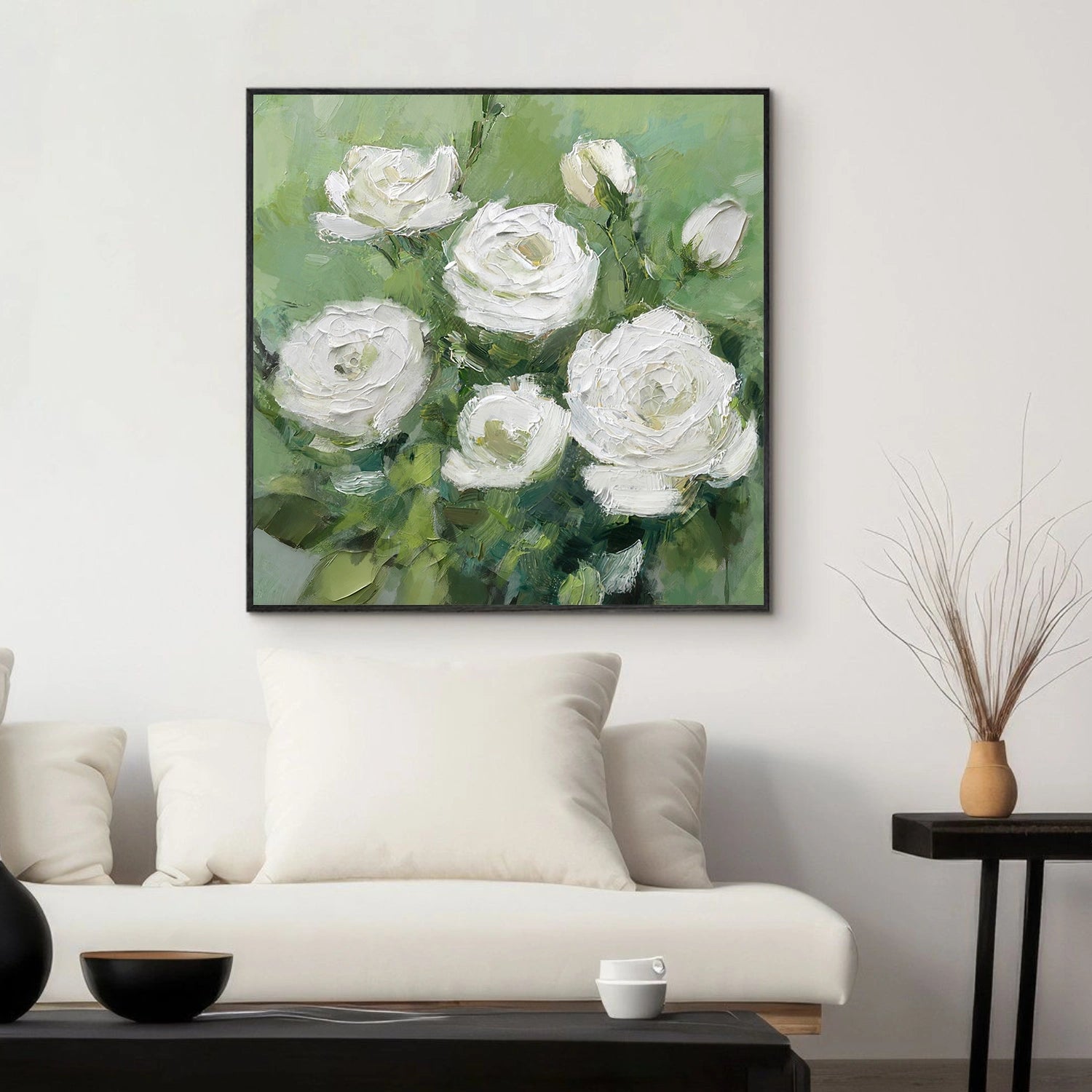 White and Green Flower & Tree Abstract Textured Wall Art #ML215