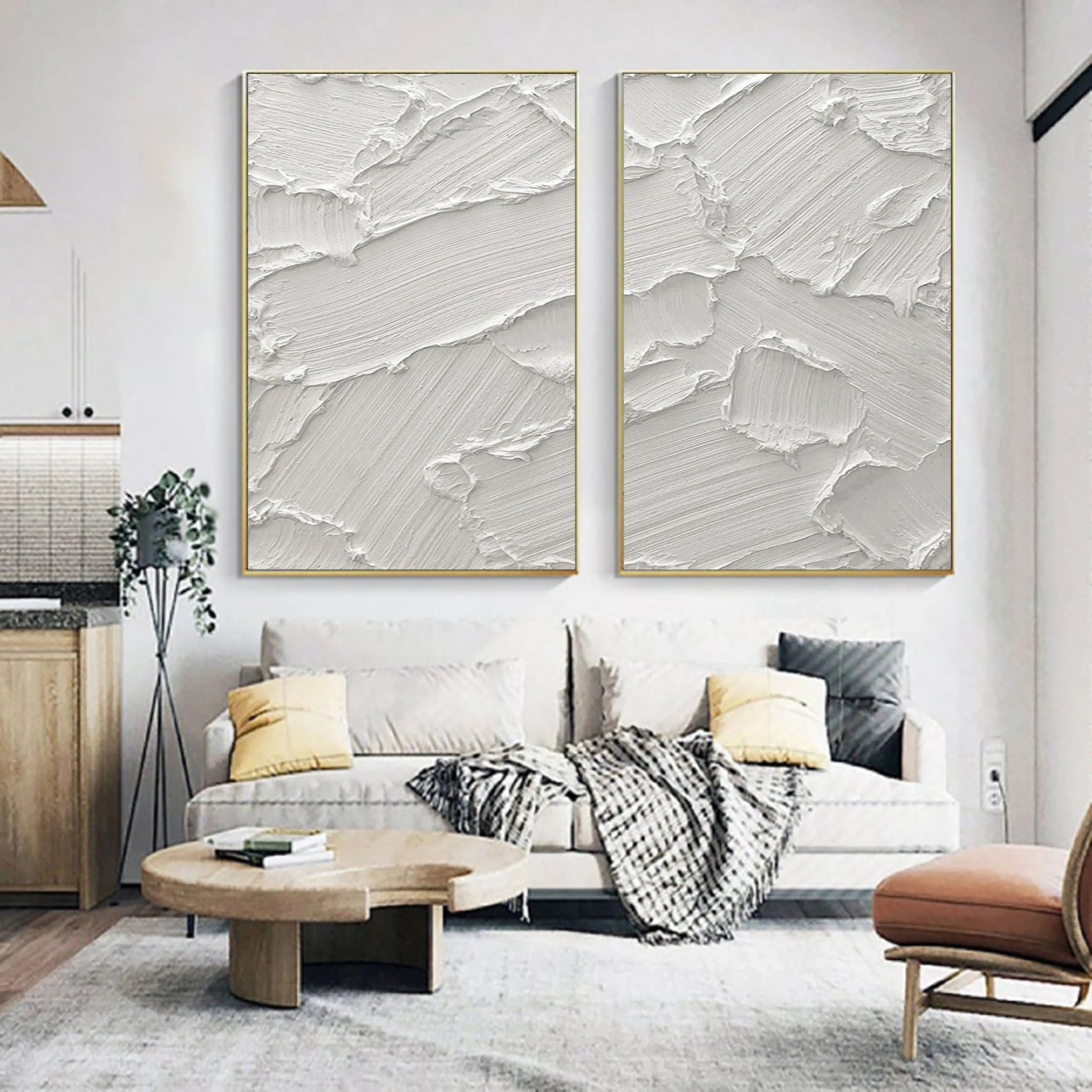 Set of 2 White Plaster Art Original Textured Painting for Room Decor