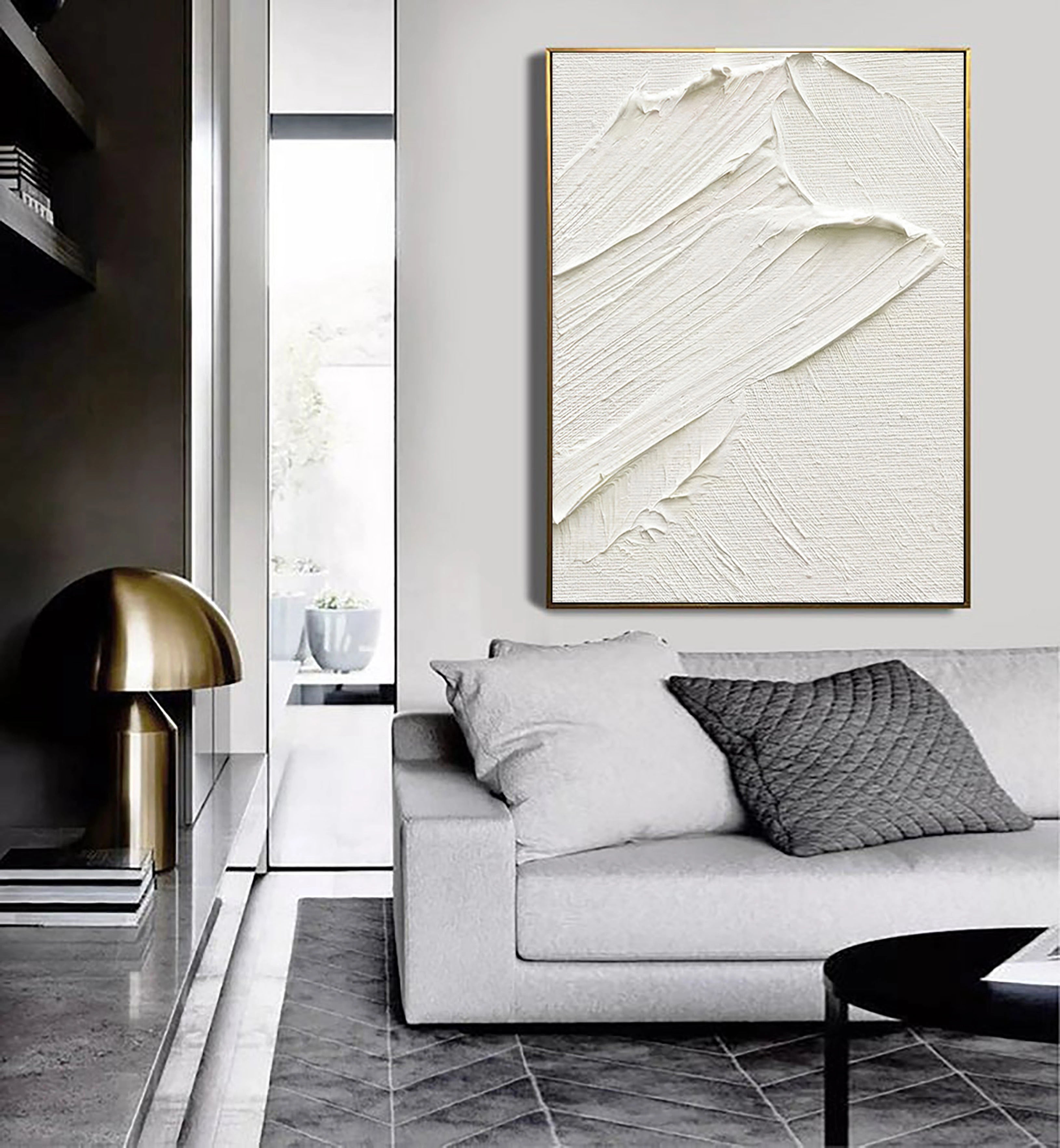 White Sea Slap Plaster Art Painting Minimalistic Balance on Large Canvas