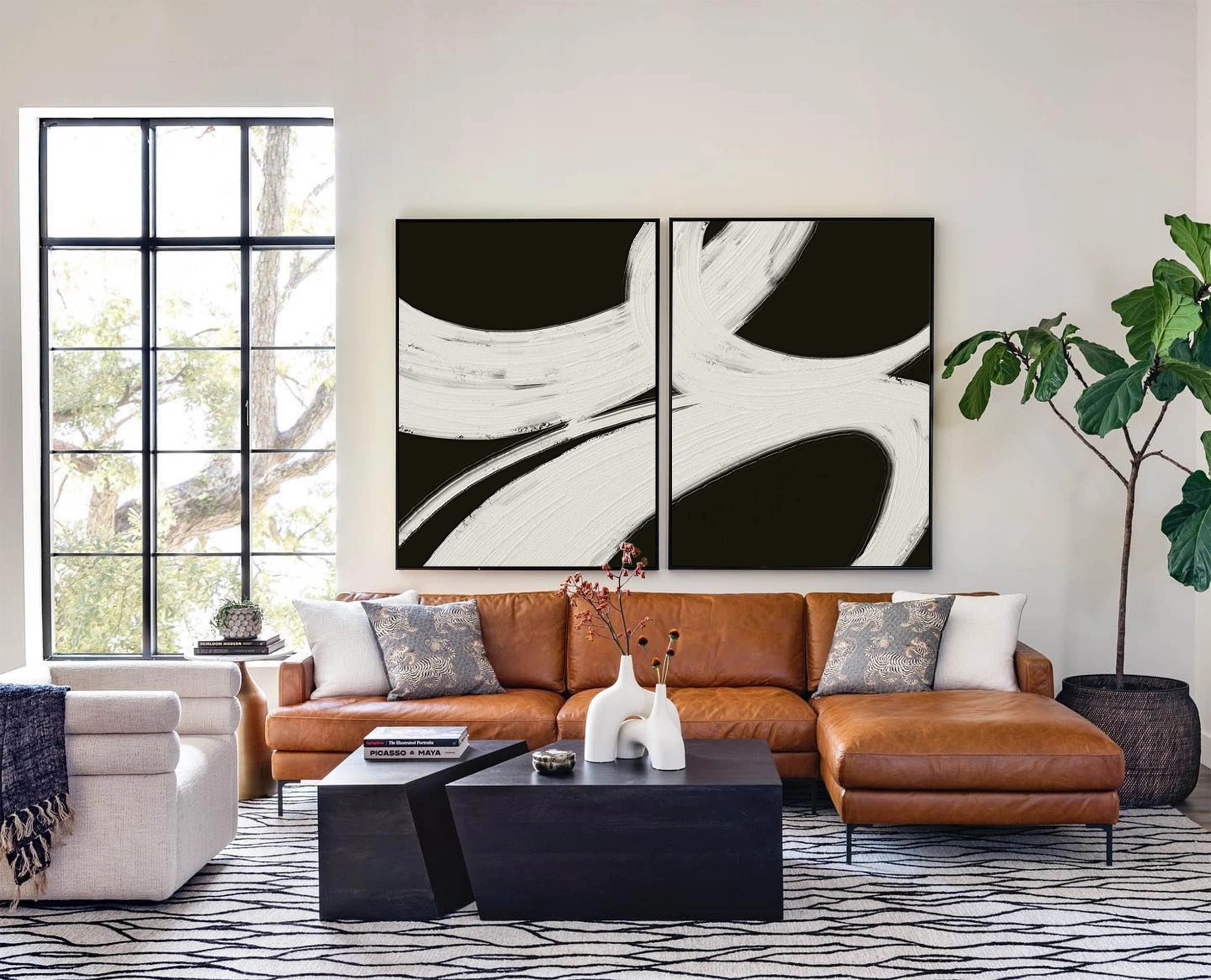 Geometric Wabi Sabi Black Beige Abstract Painting on Canvas Set of 2