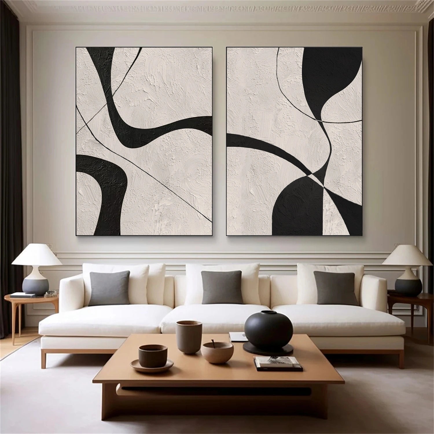 Beige & Black Abstract Textured Canvas Art Set of 2 #WS780