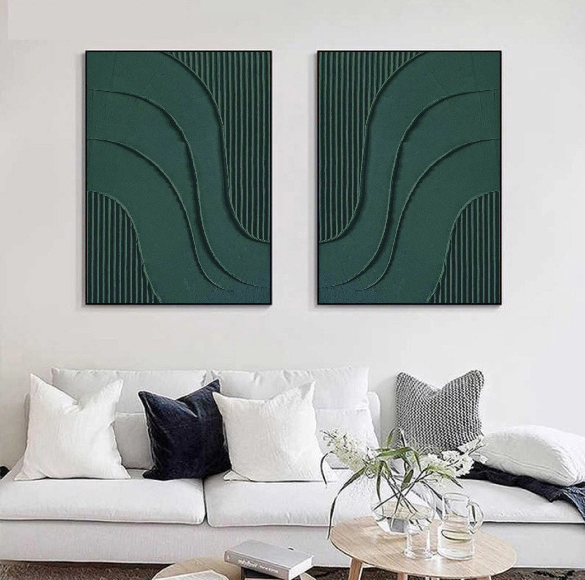 Textured Wabi Sabi Painting Symmetrical Green Wall Decor, Set of 2 for Room