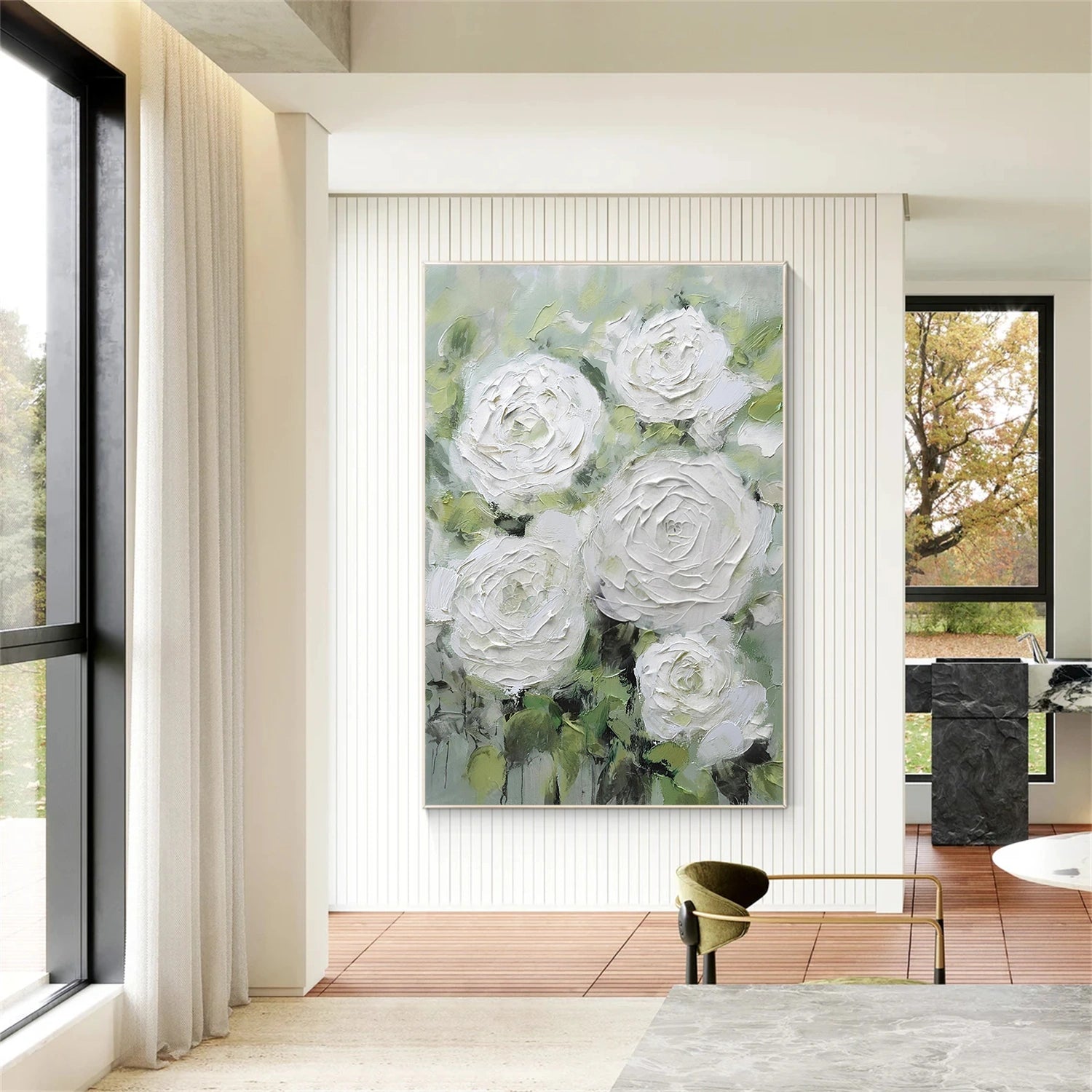 White and Green Flower & Tree Abstract Textured Wall Art #ML213