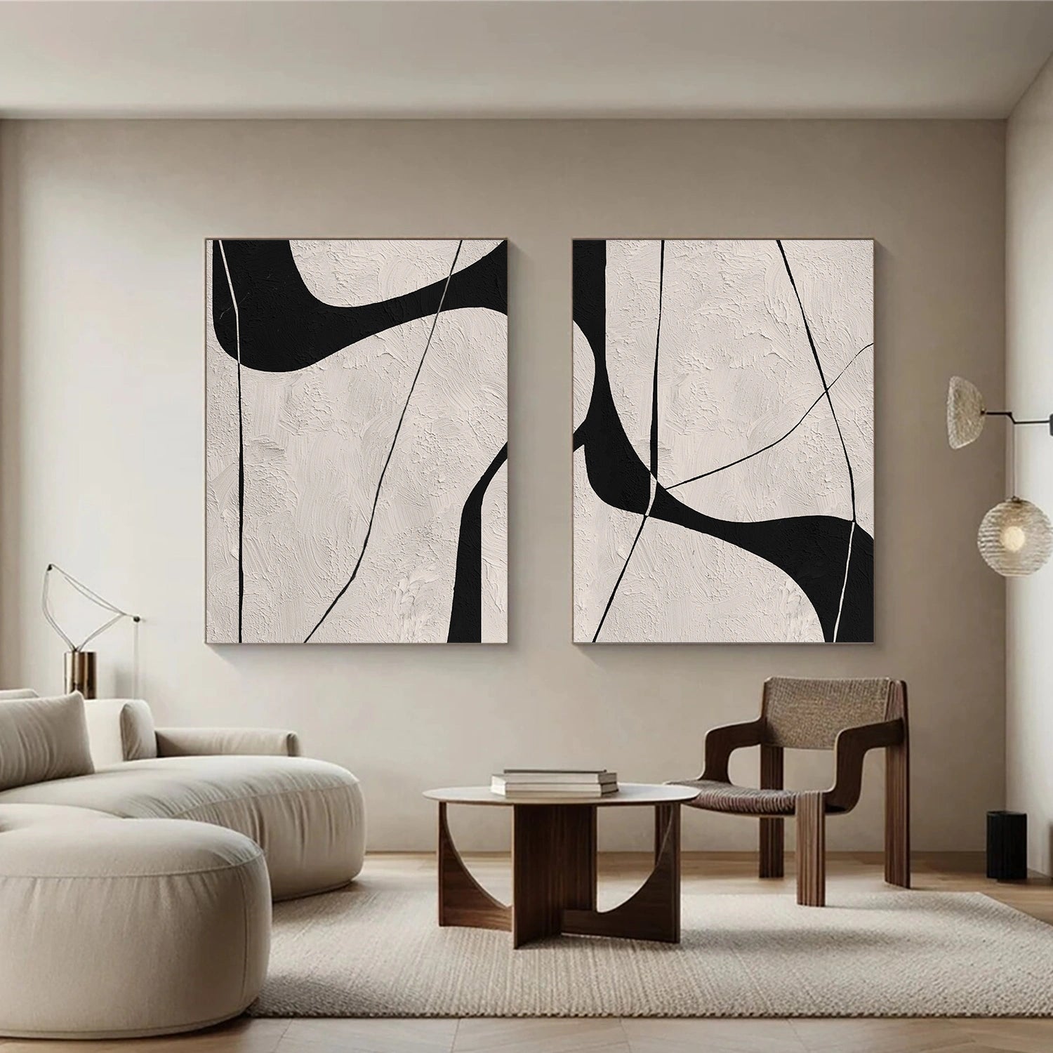 Beige & Black Abstract Textured Canvas Art Set of 2 #WS781