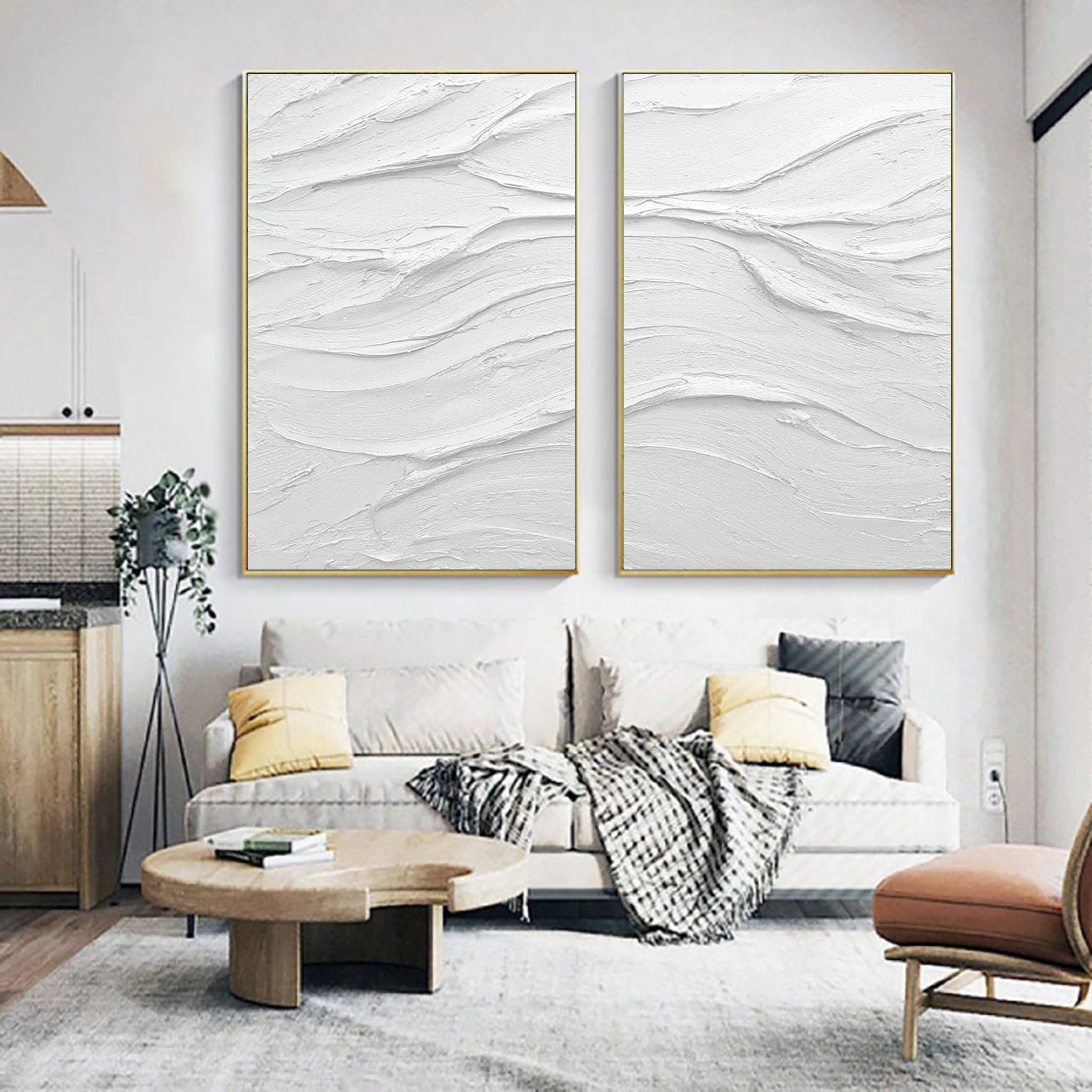 Set of 2 White Plaster Art Textured Painting Original Minimalistic