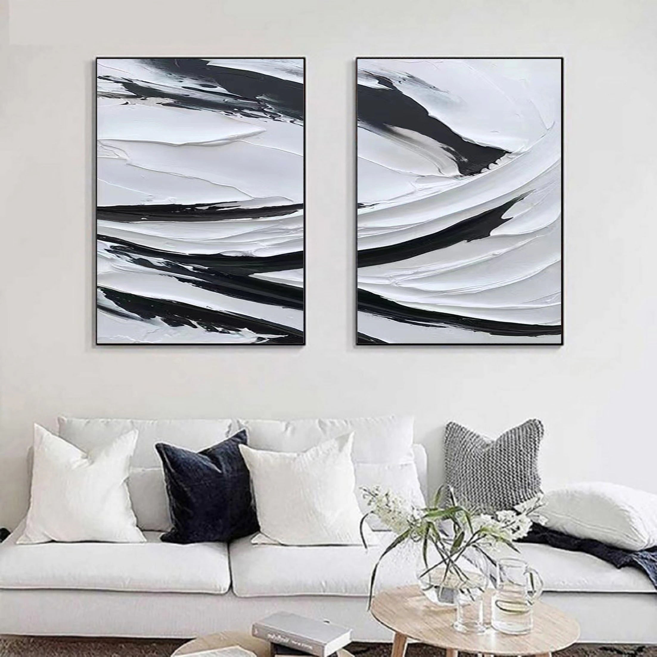 Set of 2 Plaster Art Painting Black and White Minimalistic Room Decor