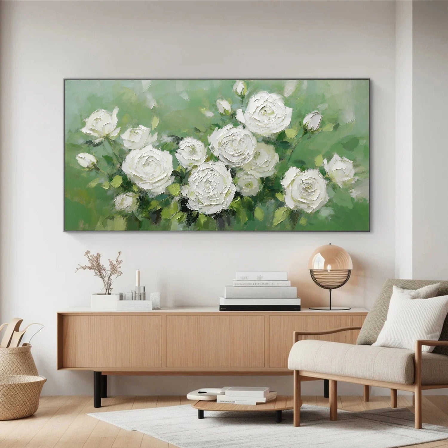 White and Green Flower & Tree Abstract Textured Wall Art #ML214