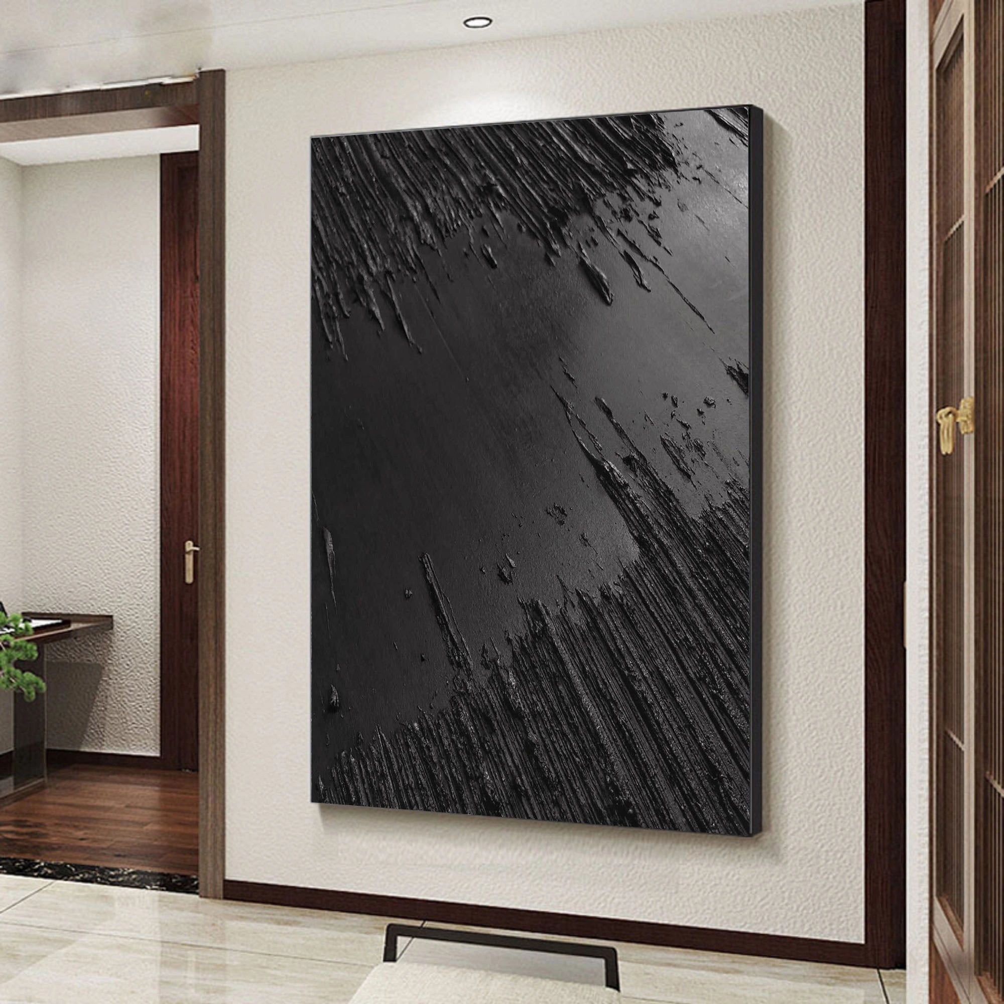 3D Textured Minimalist River Painting Total Black Canvas Wall Decor