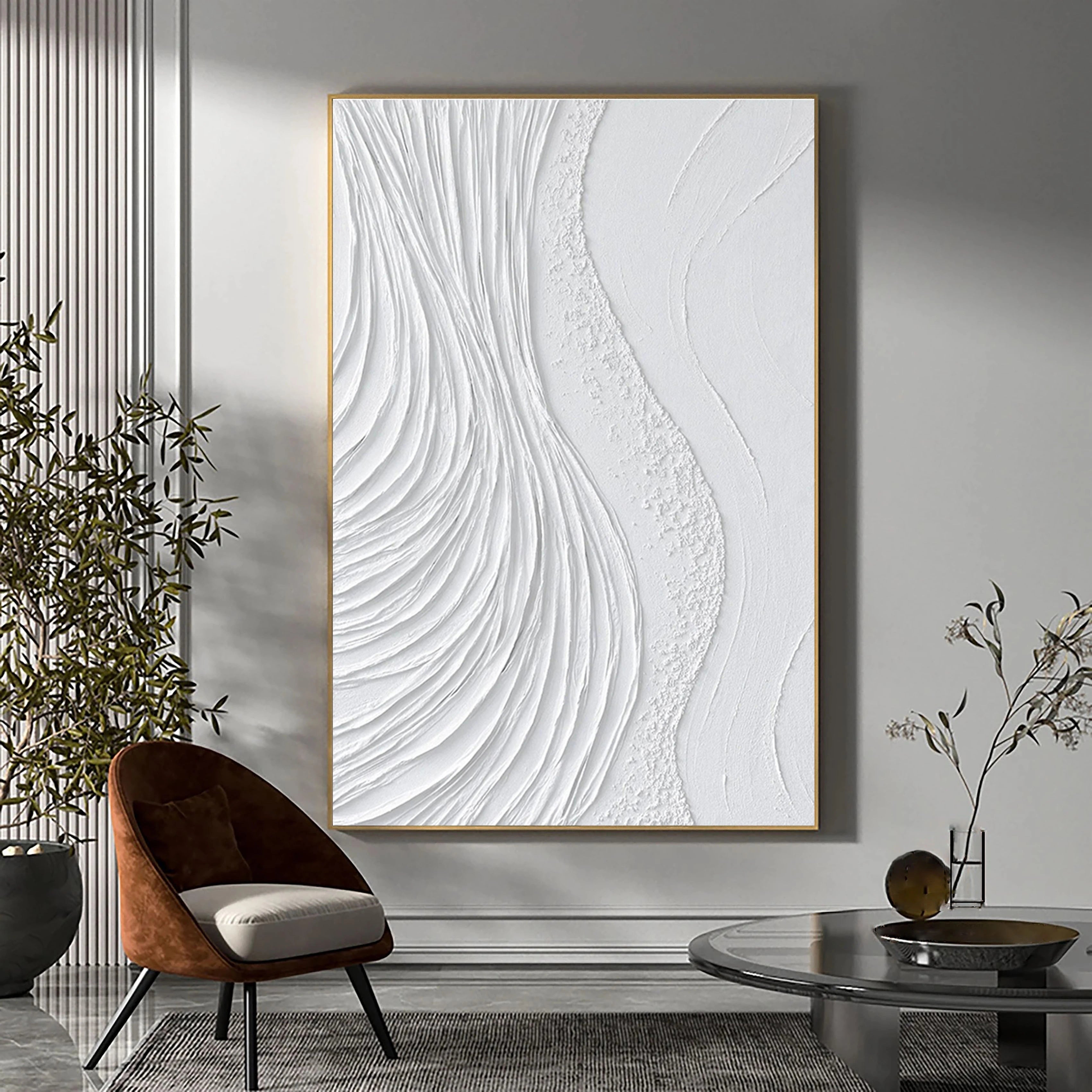 White Surf Minimalist Wall Art, Large Abstract Plaster Painting On Canvas