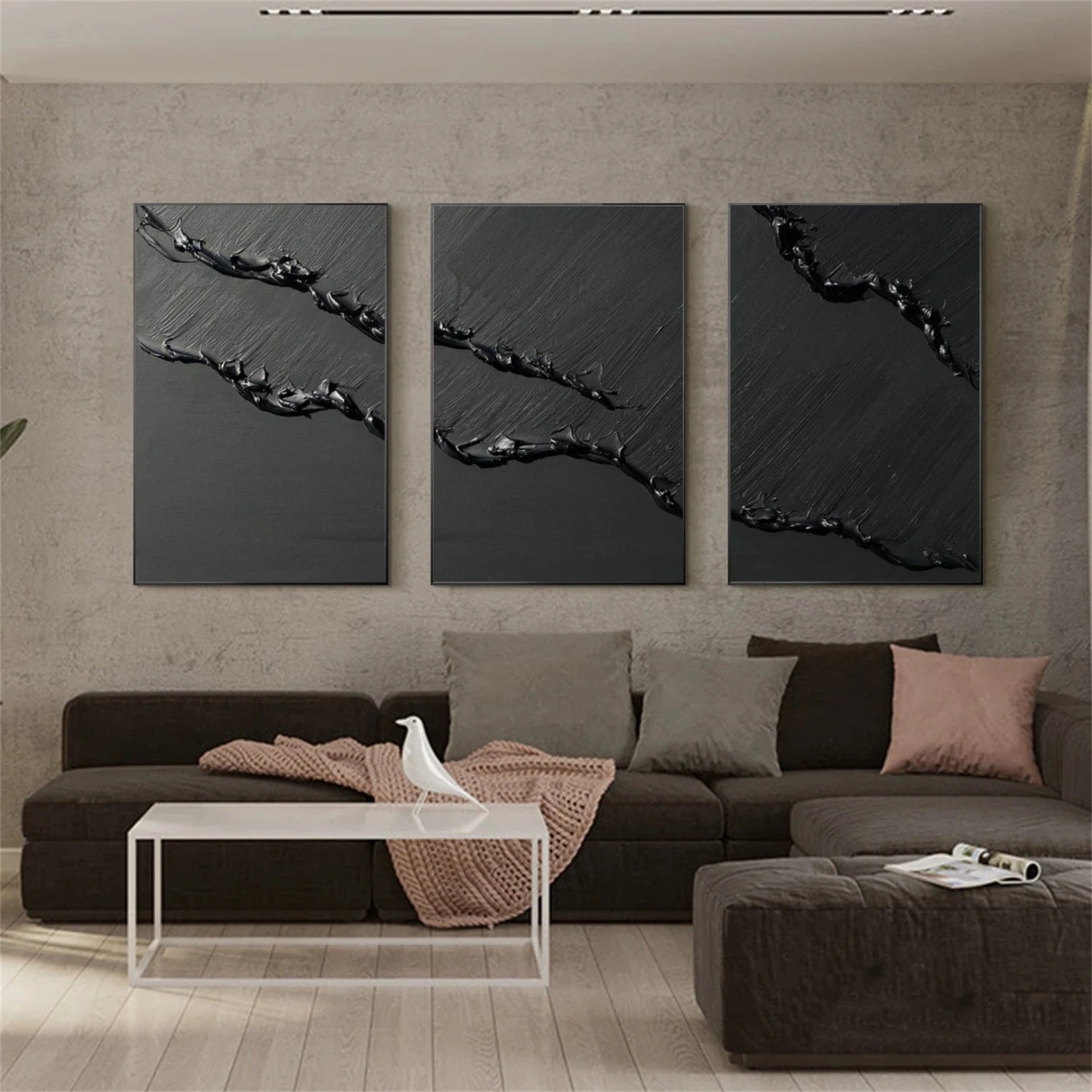 Black Minimalist Textured  Canvas Art Set of 3 #MZ115