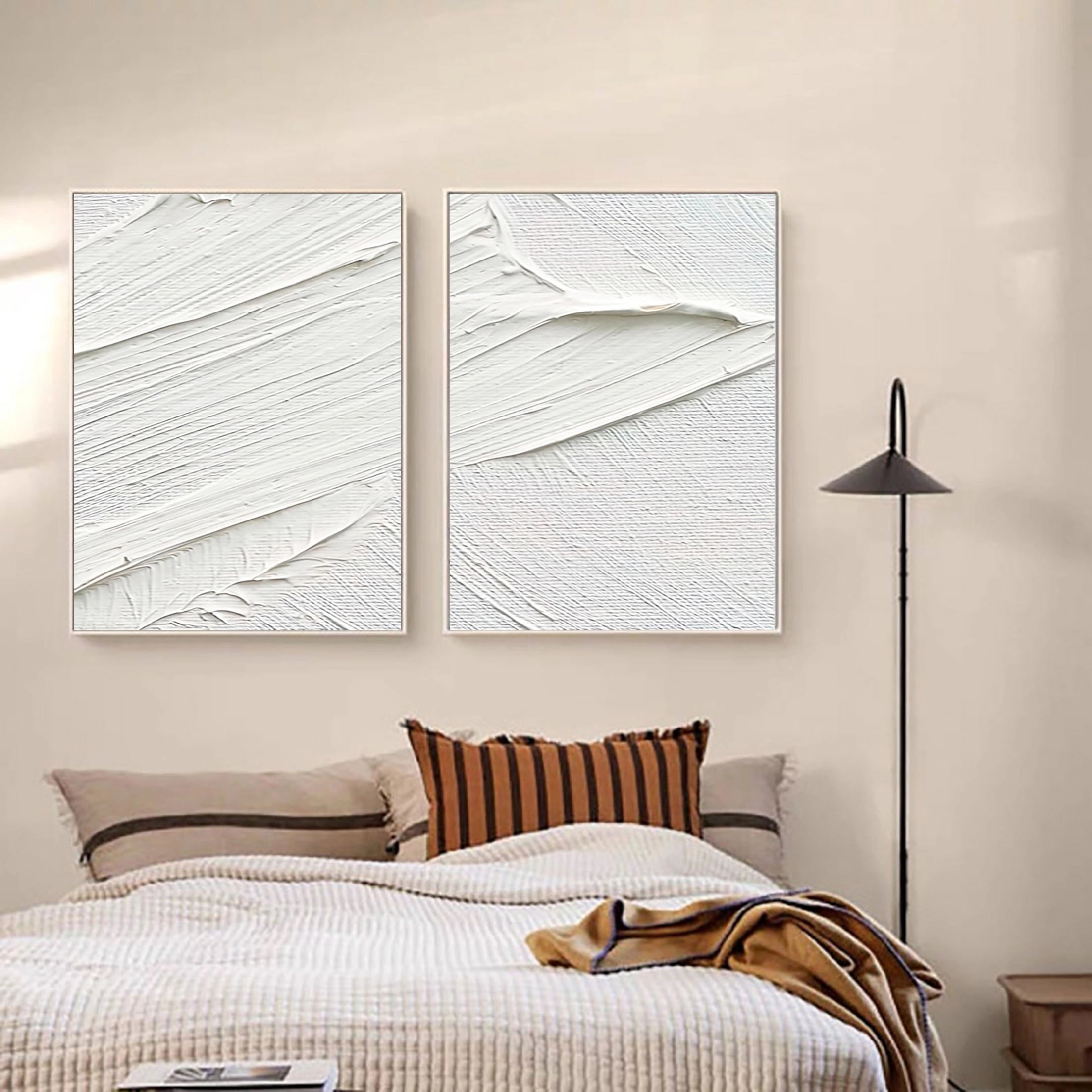 Set of 2 White Plaster Art Textured Painting on Canvas Wall Decor