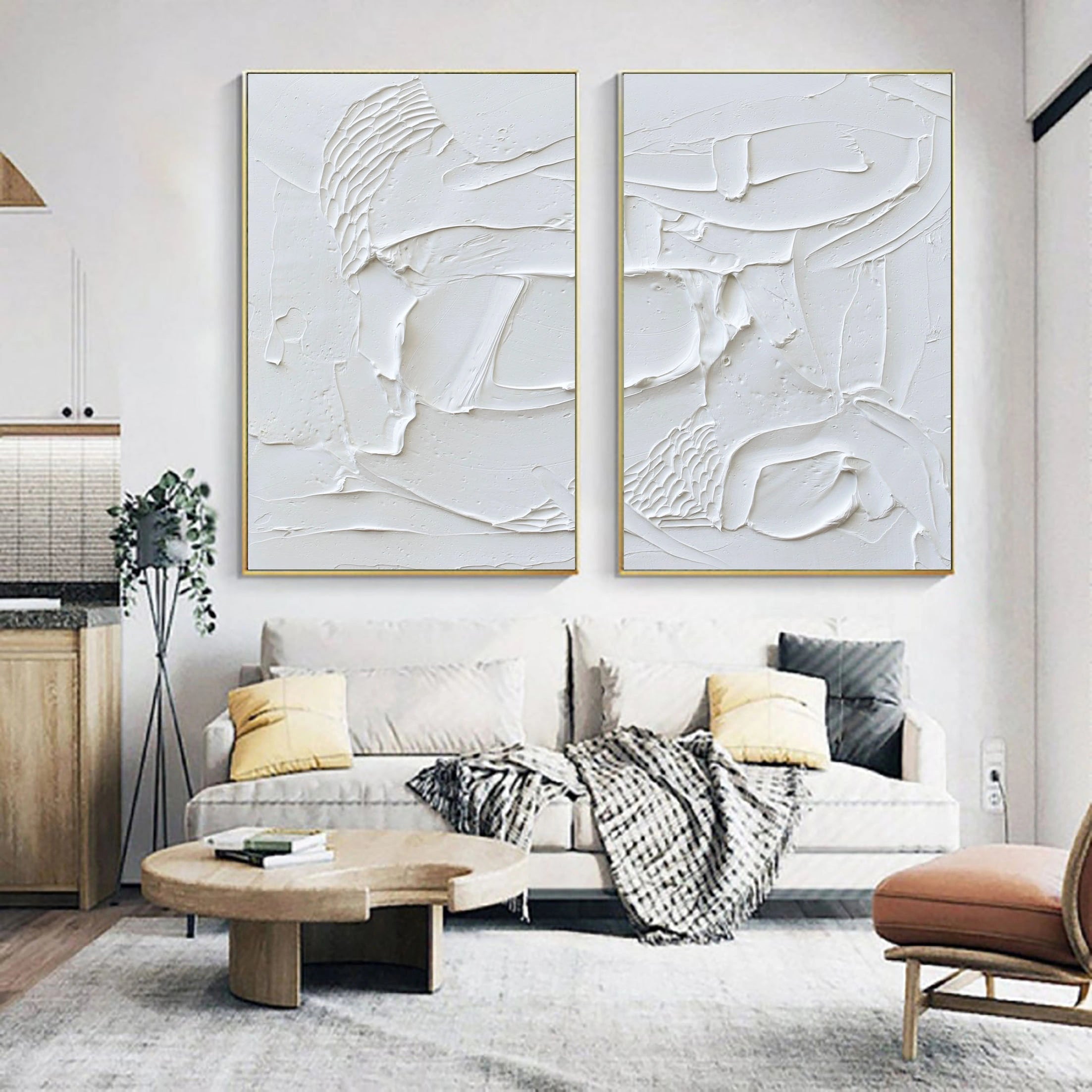 White Textured Plaster Set of 2 Large Painting for Room Decor